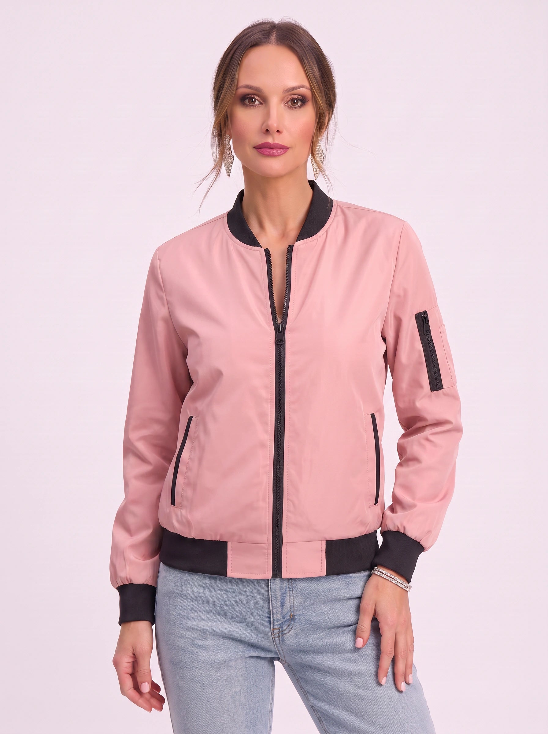 Rosaire Zip-Up Bomber Jacket – Women Casual Streetwear Lightweight Outerwear Athletic Sport Bomber Jacket