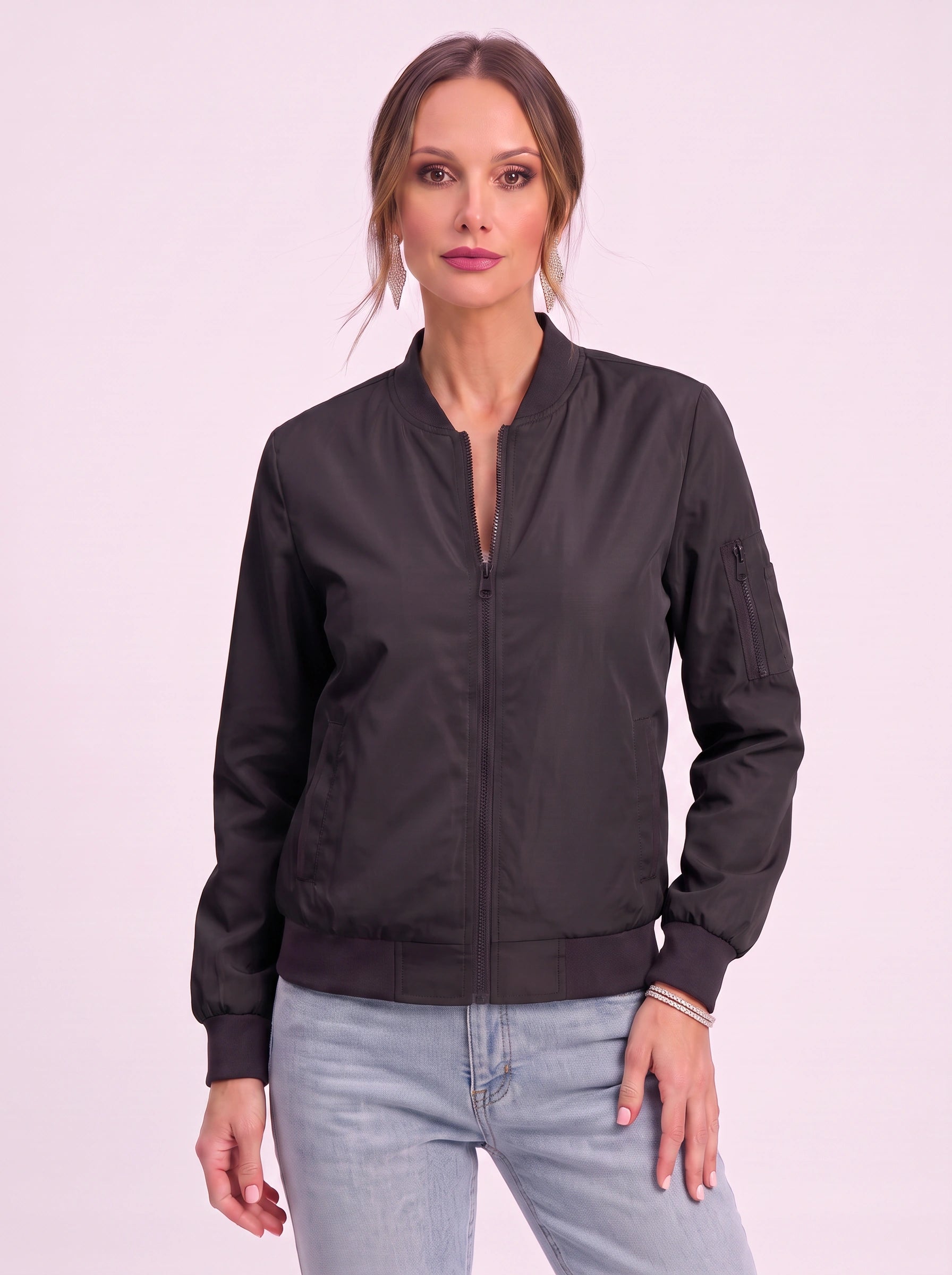 Rosaire Zip-Up Bomber Jacket – Women Casual Streetwear Lightweight Outerwear Athletic Sport Bomber Jacket
