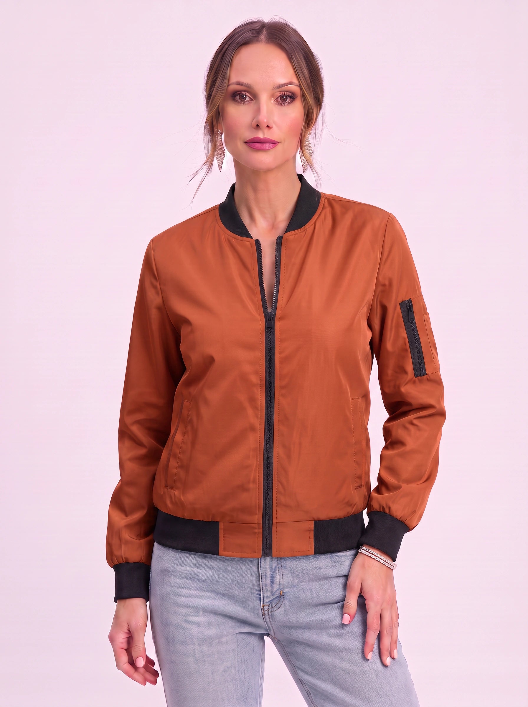 Rosaire Zip-Up Bomber Jacket – Women Casual Streetwear Lightweight Outerwear Athletic Sport Bomber Jacket