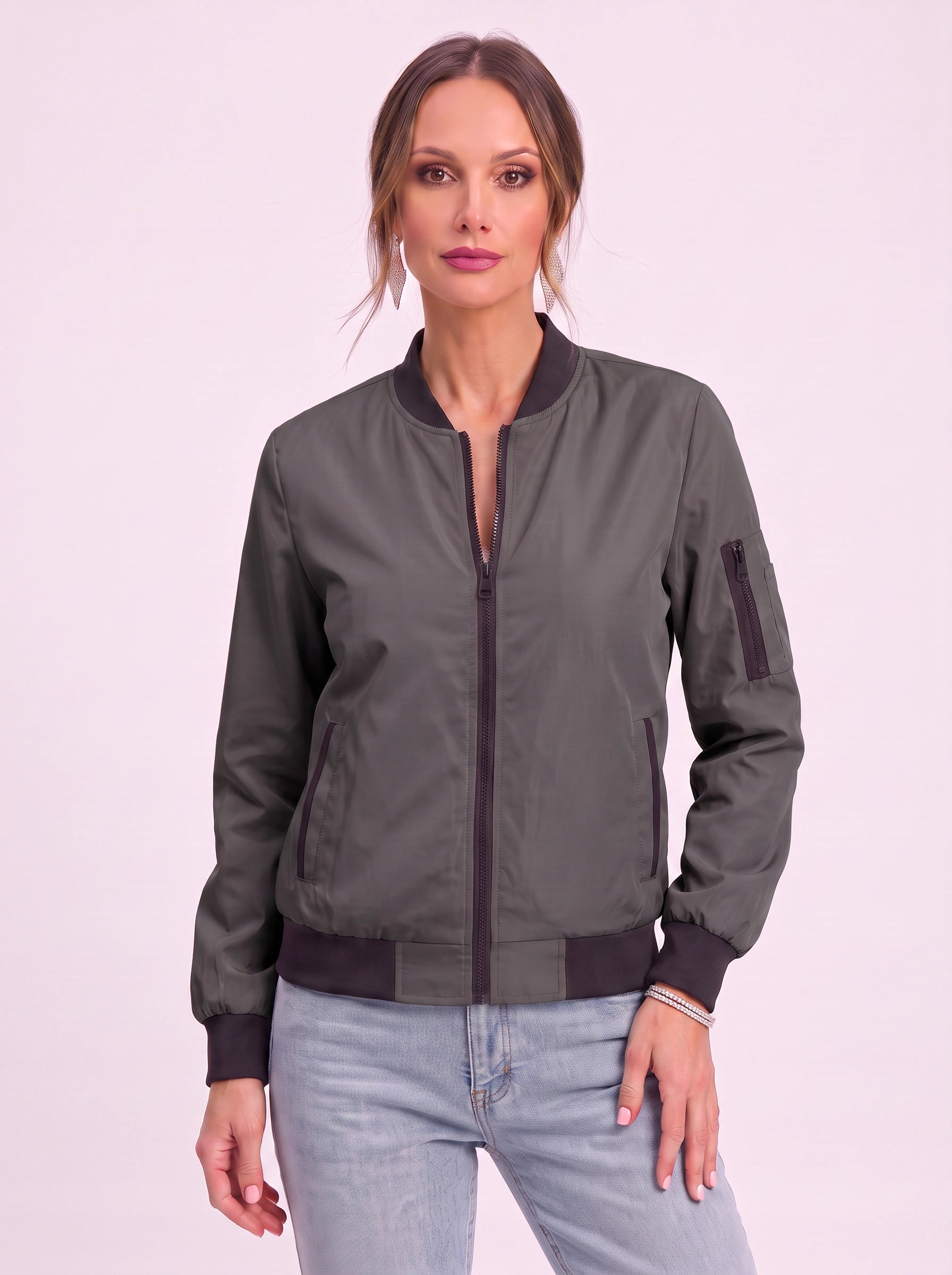 Rosaire Zip-Up Bomber Jacket – Women Casual Streetwear Lightweight Outerwear Athletic Sport Bomber Jacket