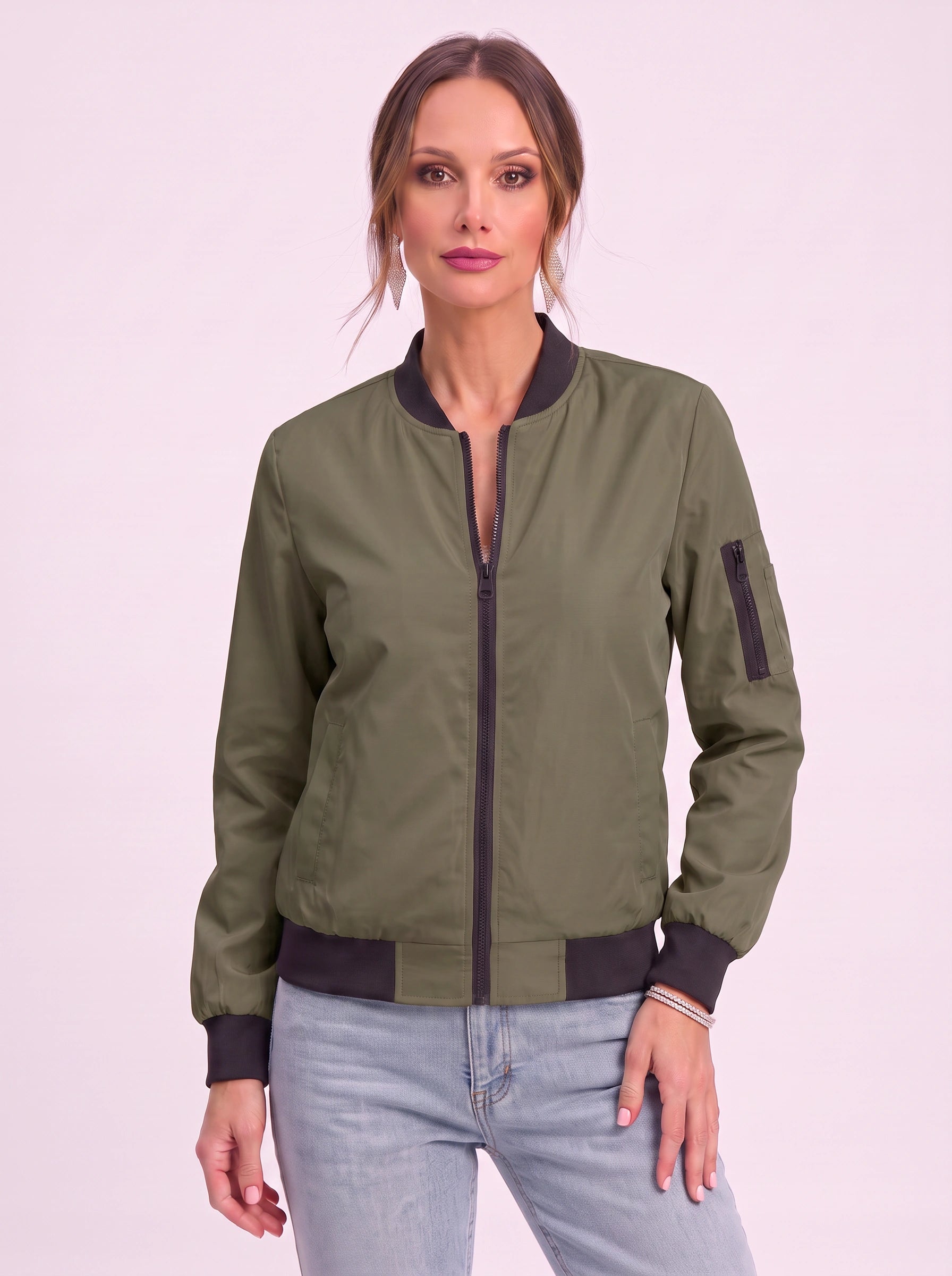 Rosaire Zip-Up Bomber Jacket – Women Casual Streetwear Lightweight Outerwear Athletic Sport Bomber Jacket