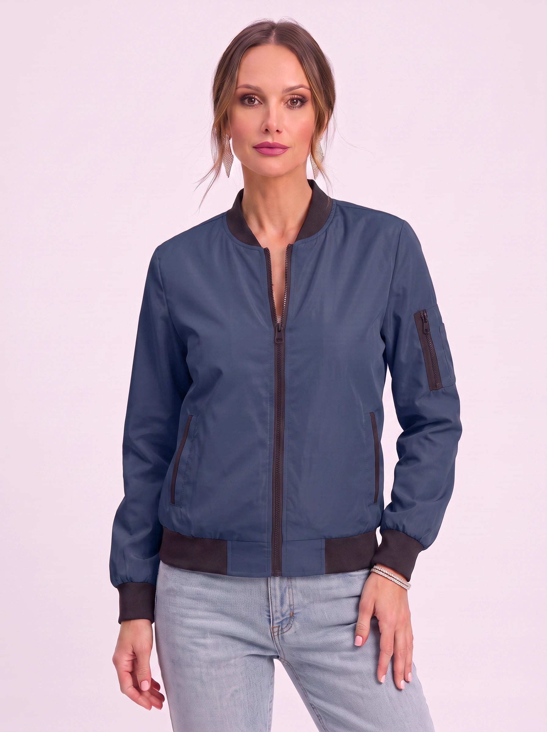 Rosaire Zip-Up Bomber Jacket – Women Casual Streetwear Lightweight Outerwear Athletic Sport Bomber Jacket
