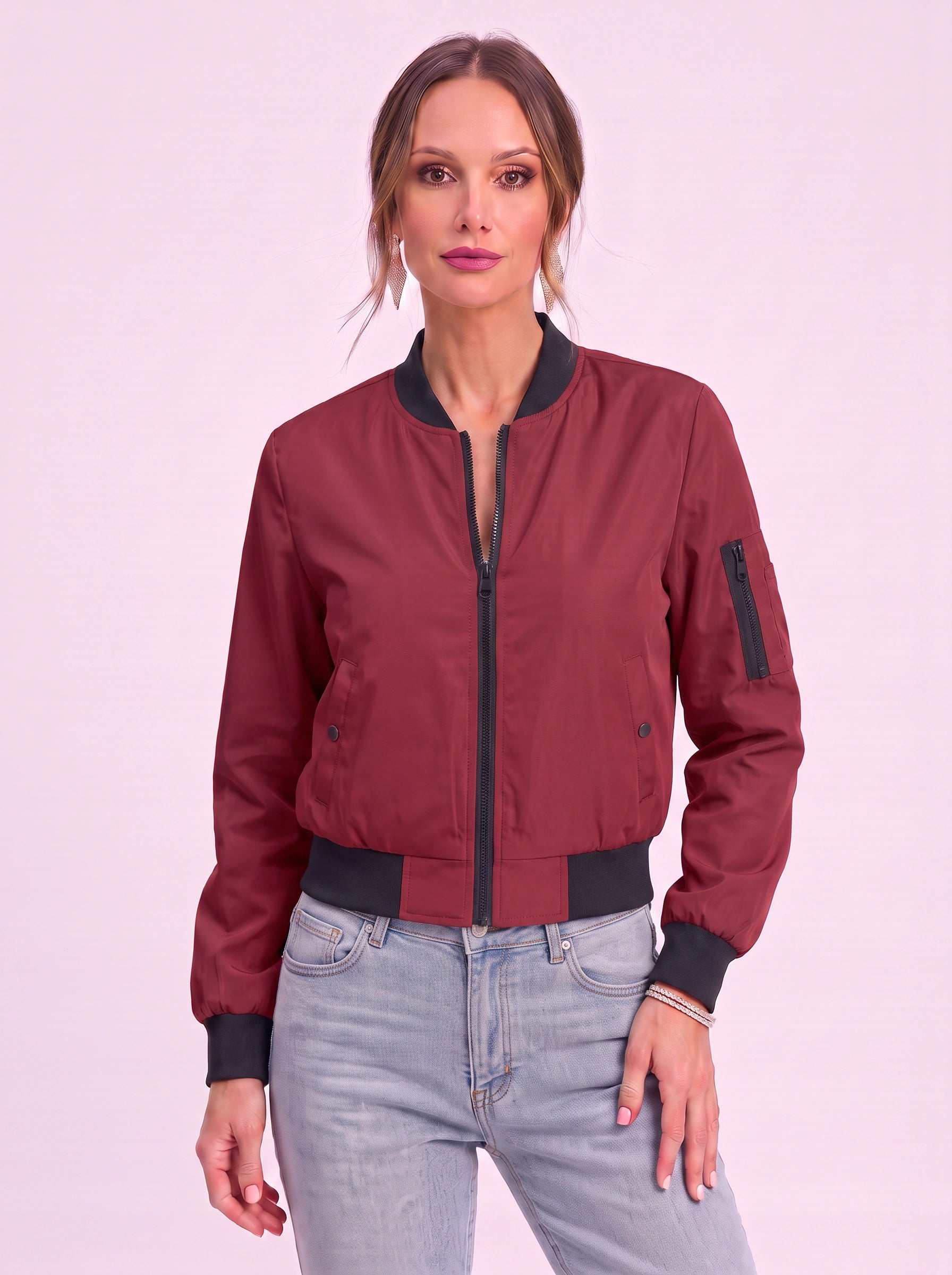 Rosaire Zip-Up Bomber Jacket – Women Casual Streetwear Lightweight Outerwear Athletic Sport Bomber Jacket