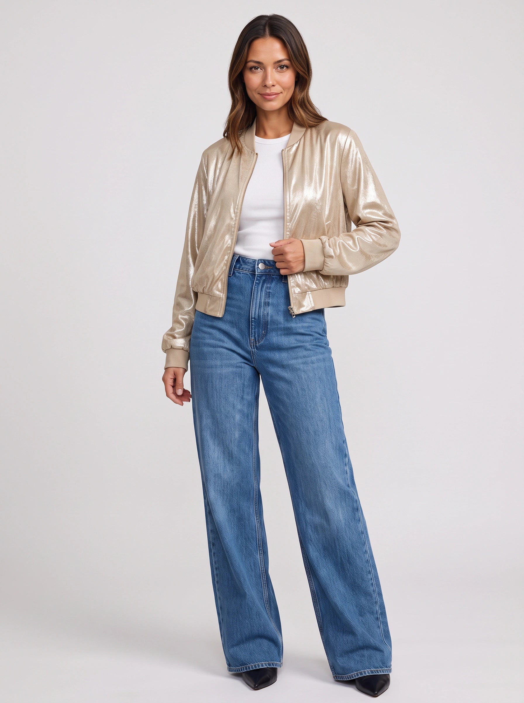 Lustren Cropped Bomber Jacket – Metallic Sheen Women Casual Streetwear Zip Front Ribbed Cuff Winter Jacket