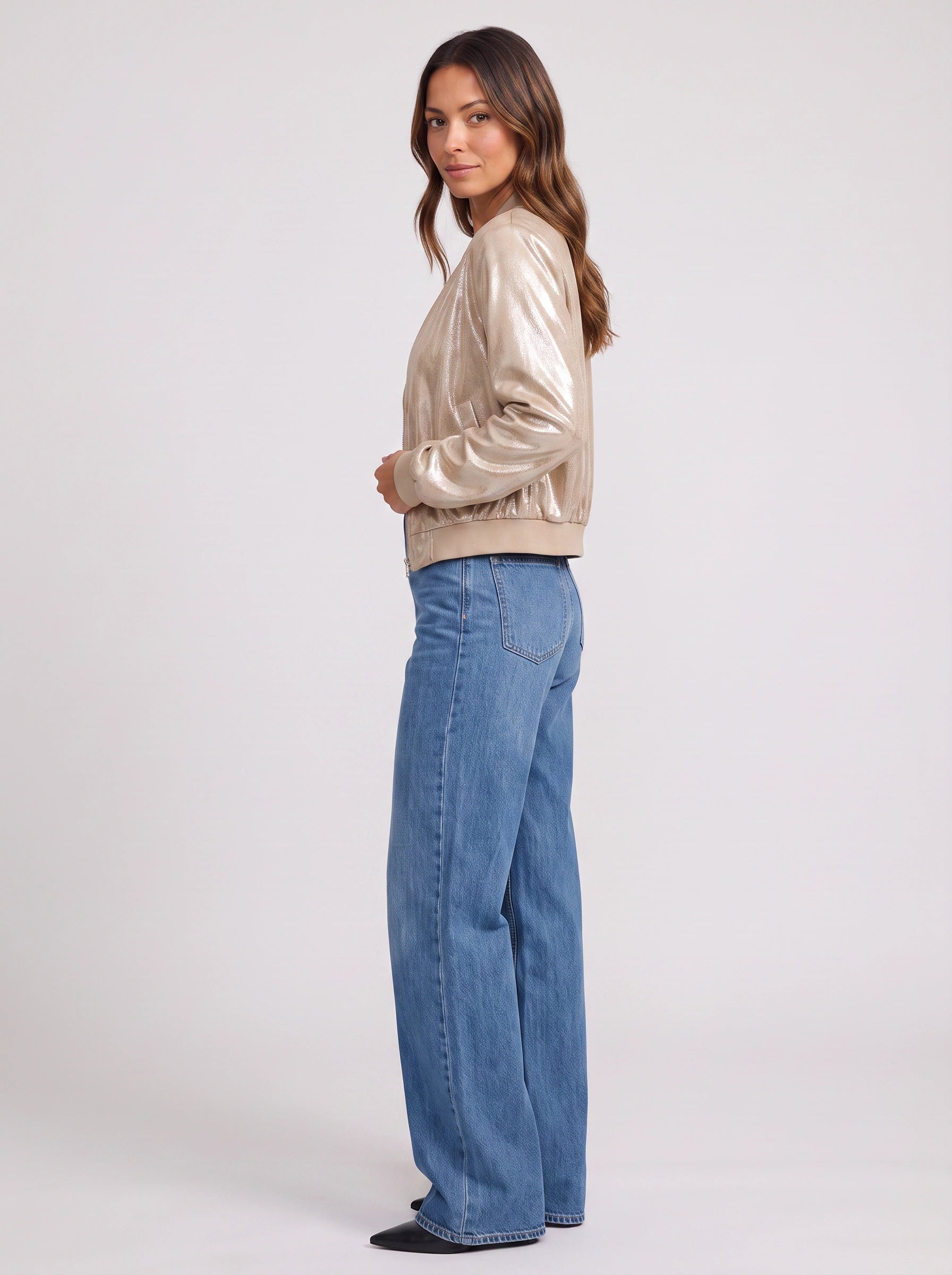 Lustren Cropped Bomber Jacket – Metallic Sheen Women Casual Streetwear Zip Front Ribbed Cuff Winter Jacket