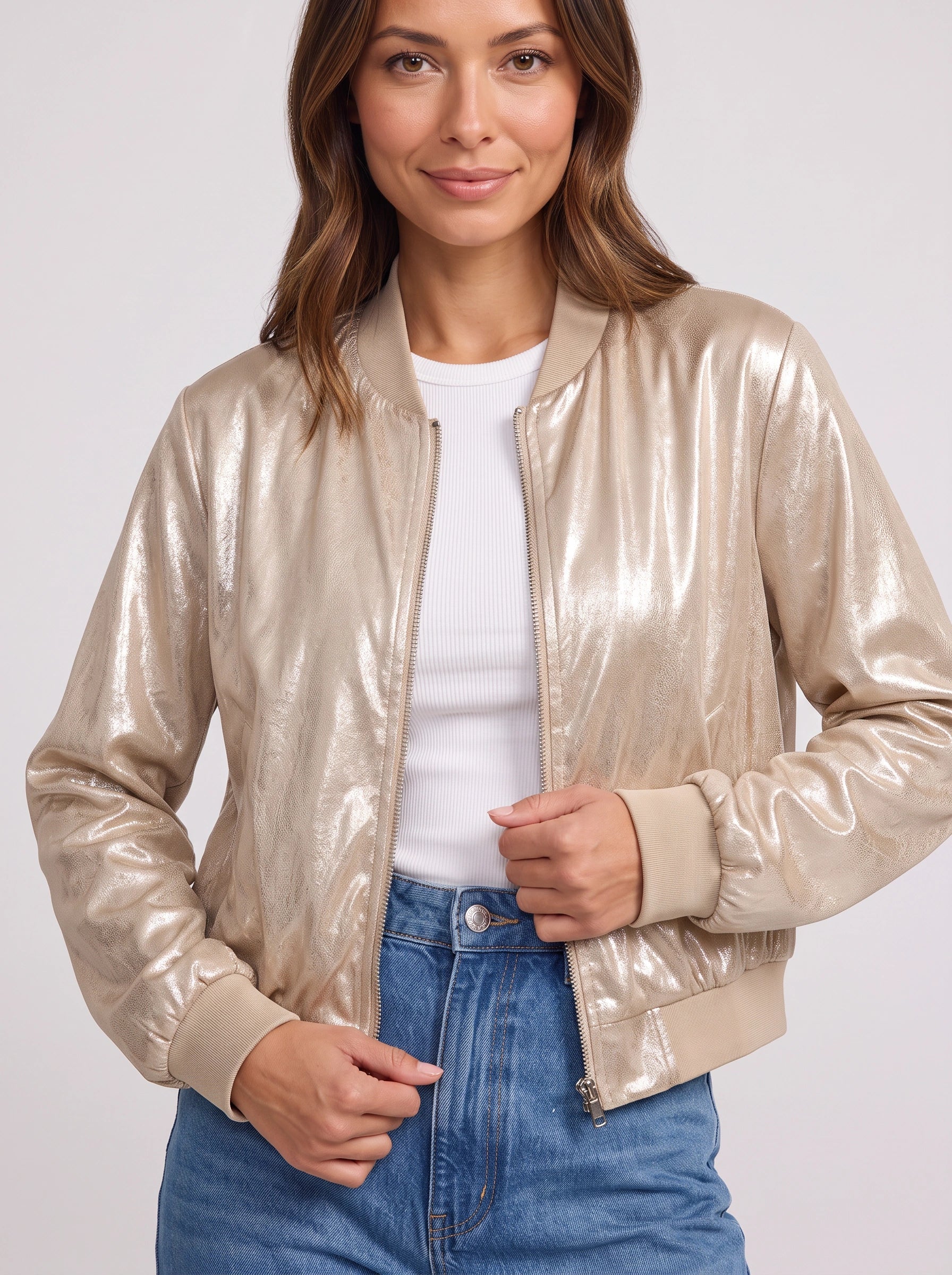 Lustren Cropped Bomber Jacket – Metallic Sheen Women Casual Streetwear Zip Front Ribbed Cuff Winter Jacket