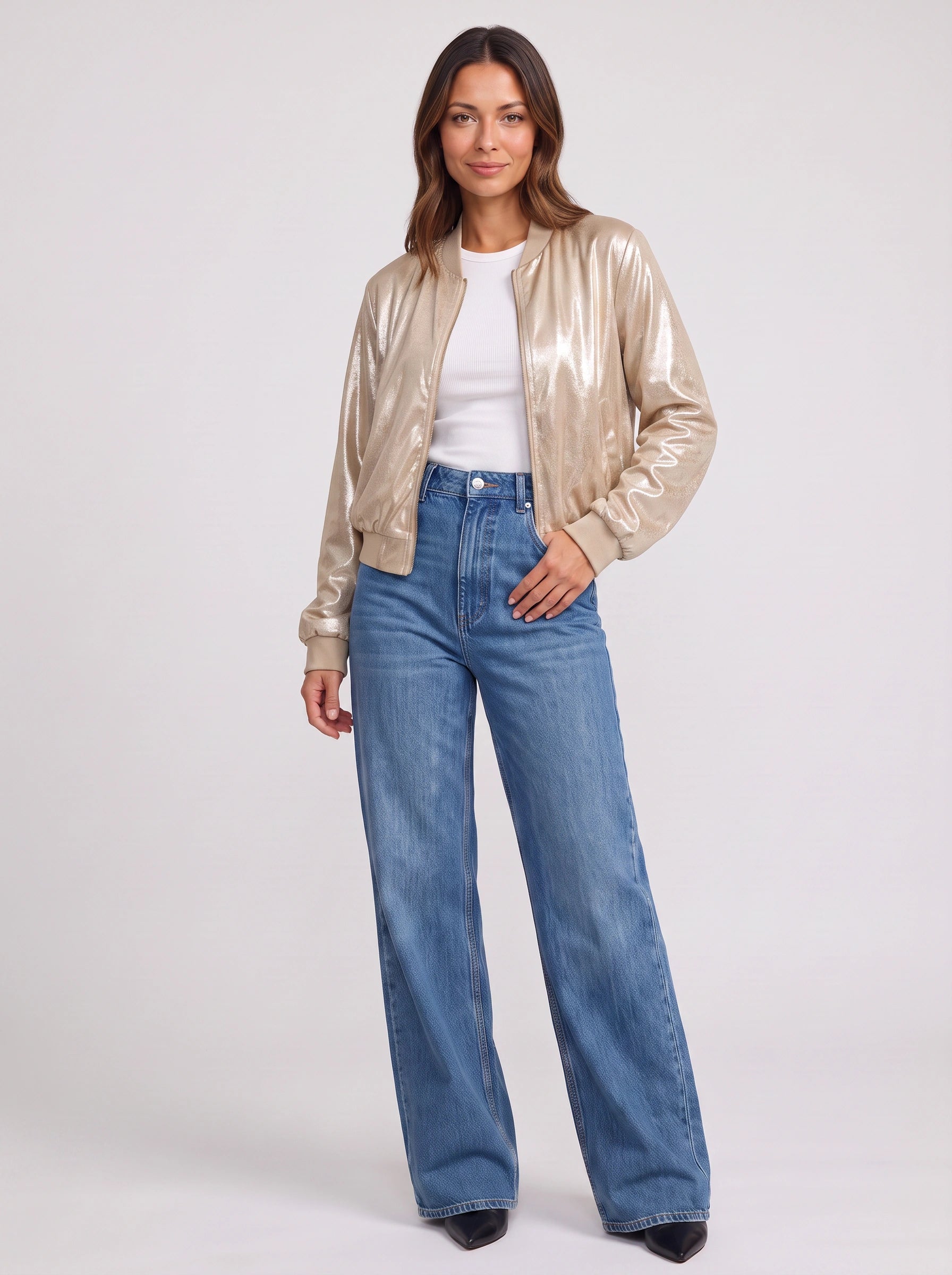 Lustren Cropped Bomber Jacket – Metallic Sheen Women Casual Streetwear Zip Front Ribbed Cuff Winter Jacket