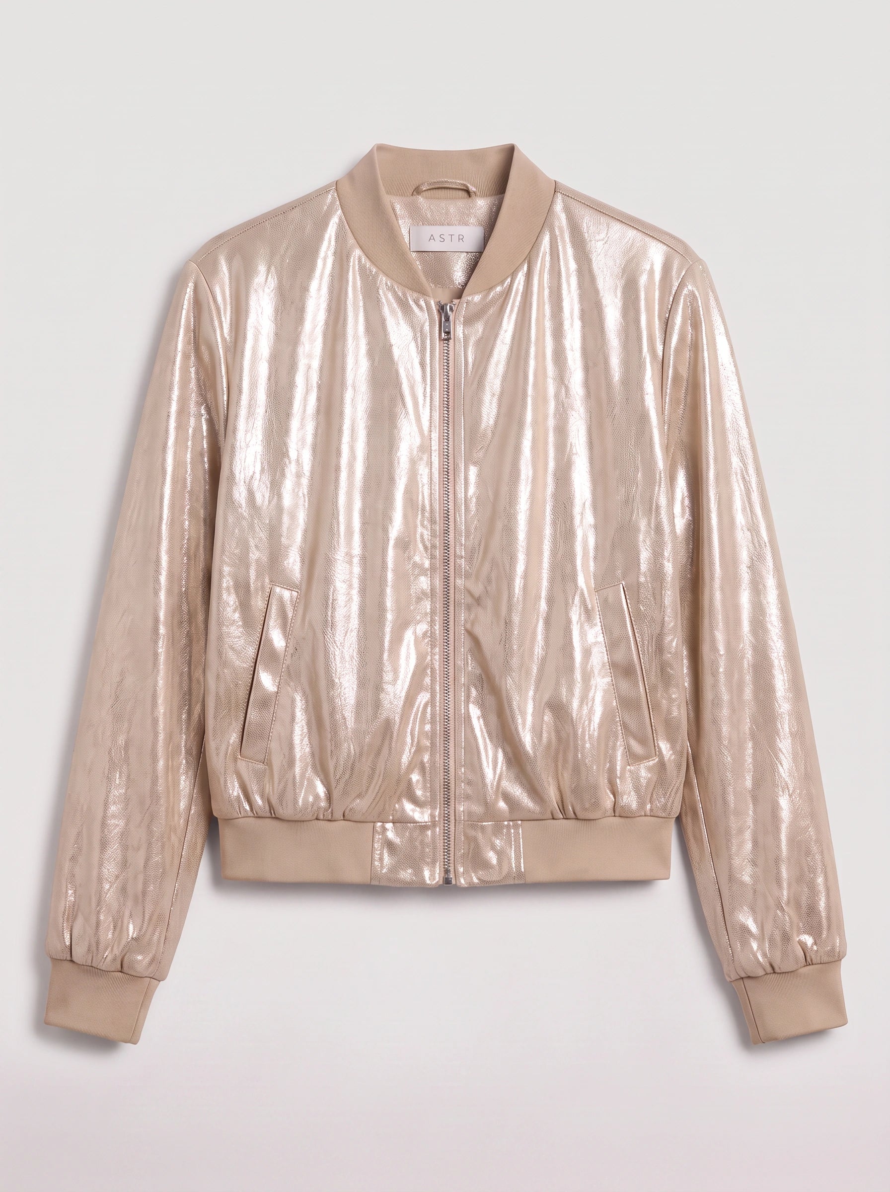Lustren Cropped Bomber Jacket – Metallic Sheen Women Casual Streetwear Zip Front Ribbed Cuff Winter Jacket