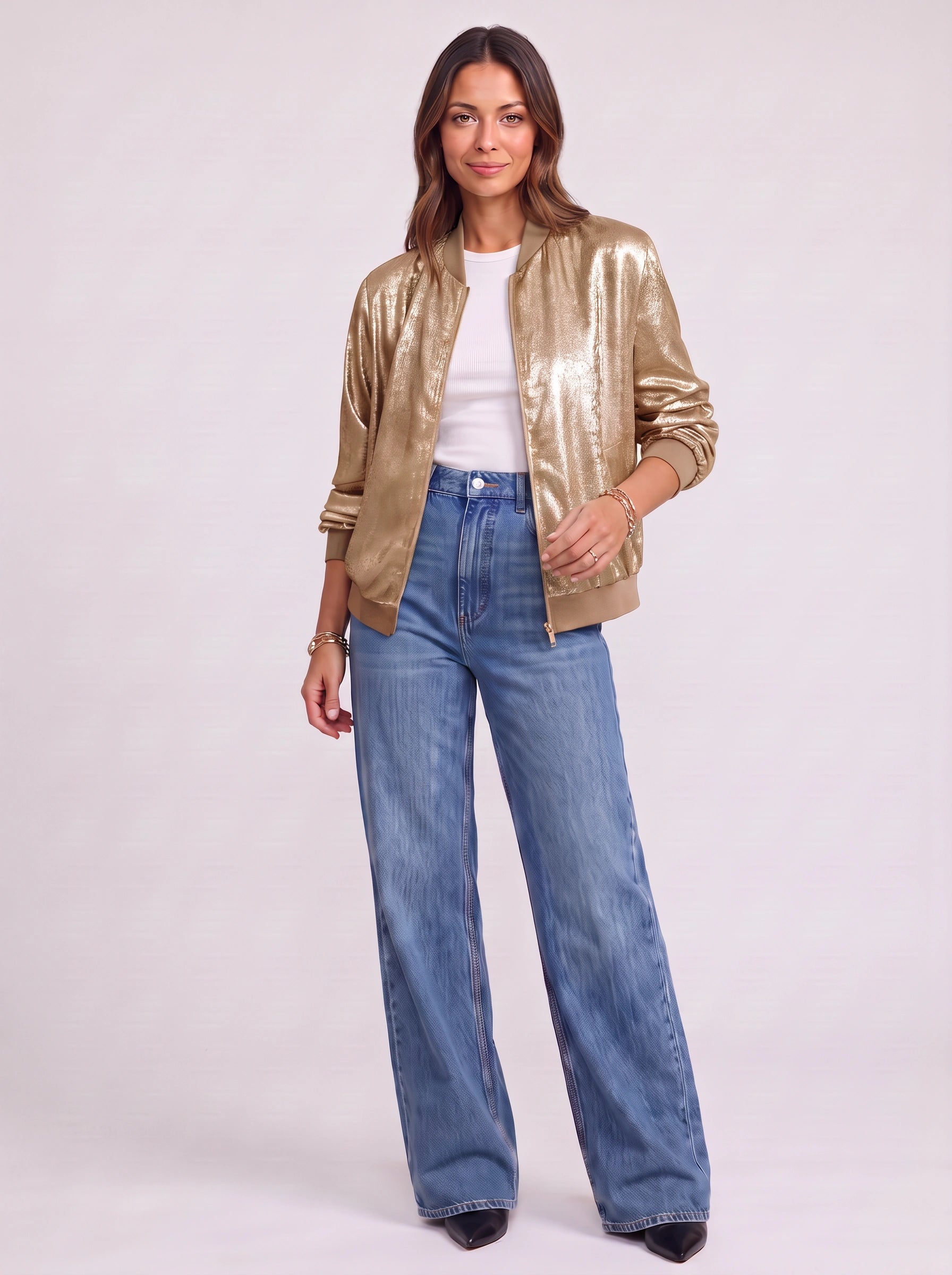 Lustren Cropped Bomber Jacket – Metallic Sheen Women Casual Streetwear Zip Front Ribbed Cuff Winter Jacket