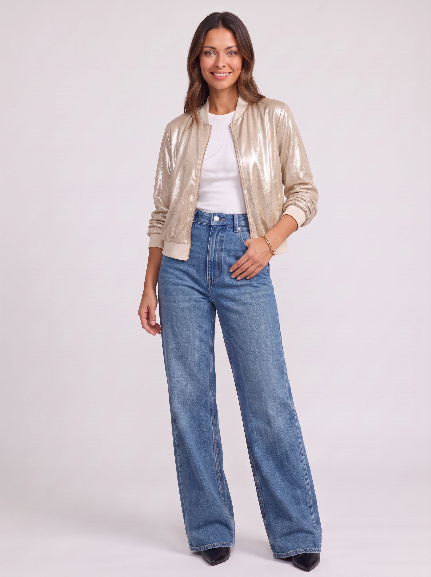 Lustren Cropped Bomber Jacket – Metallic Sheen Women Casual Streetwear Zip Front Ribbed Cuff Winter Jacket