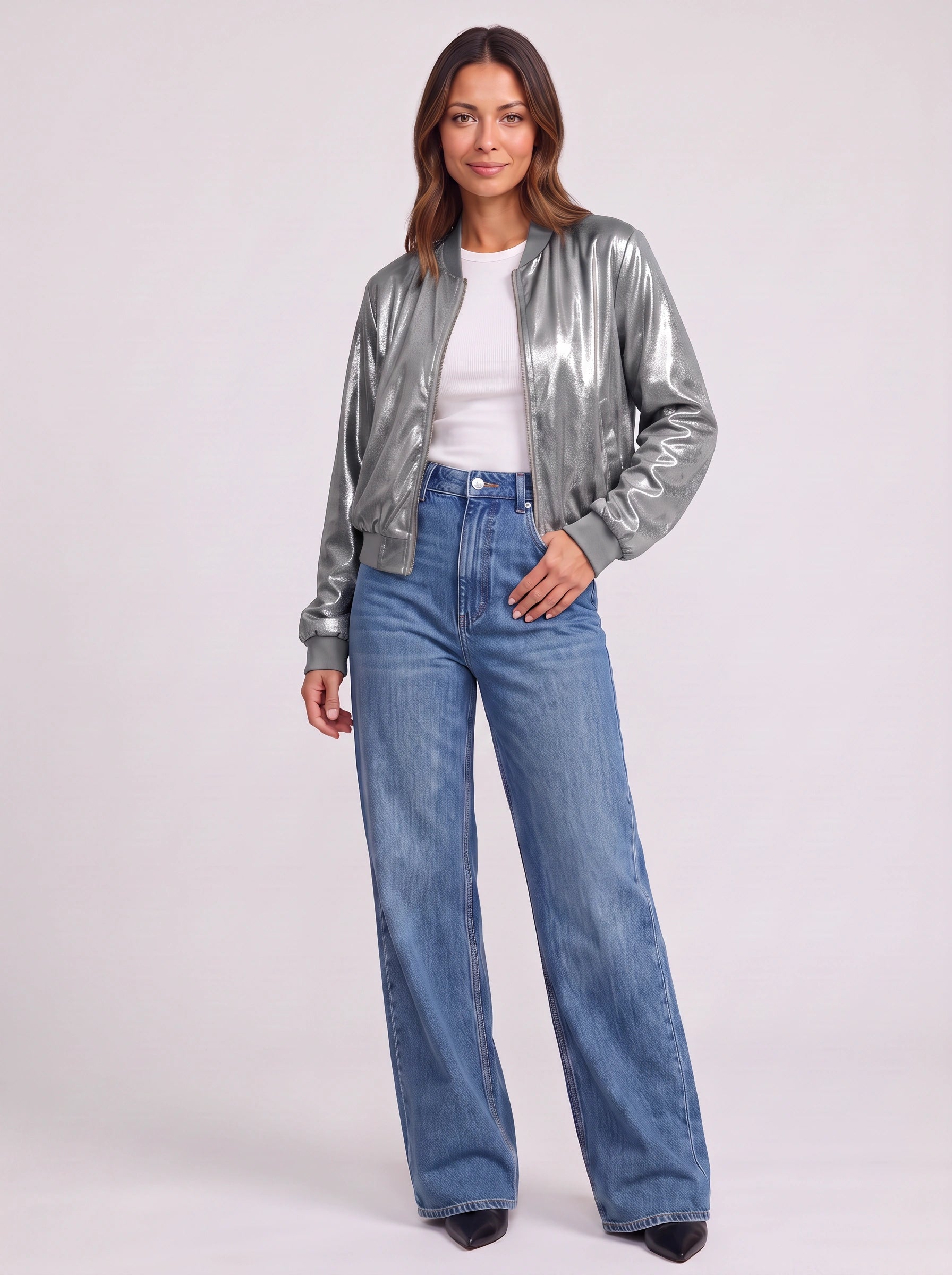 Lustren Cropped Bomber Jacket – Metallic Sheen Women Casual Streetwear Zip Front Ribbed Cuff Winter Jacket