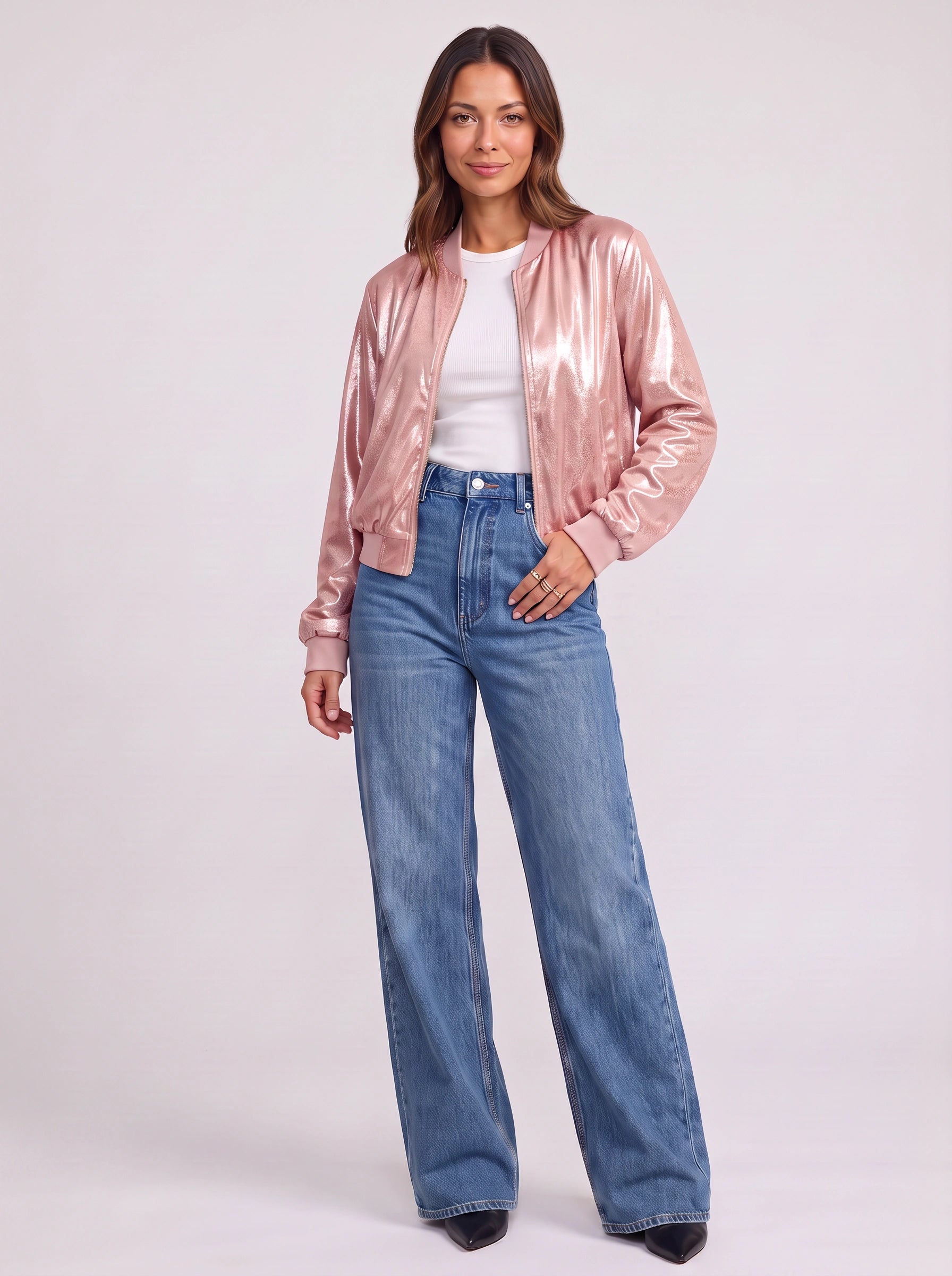 Lustren Cropped Bomber Jacket – Metallic Sheen Women Casual Streetwear Zip Front Ribbed Cuff Winter Jacket