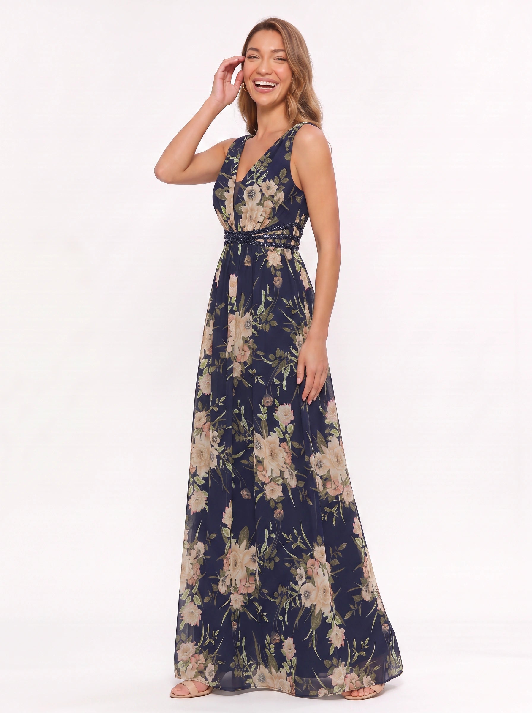 Florente Embellished V-Neck Maxi Dress – Formal Wedding Guest Women Winter Evening Elegant Floral Maxi Dress