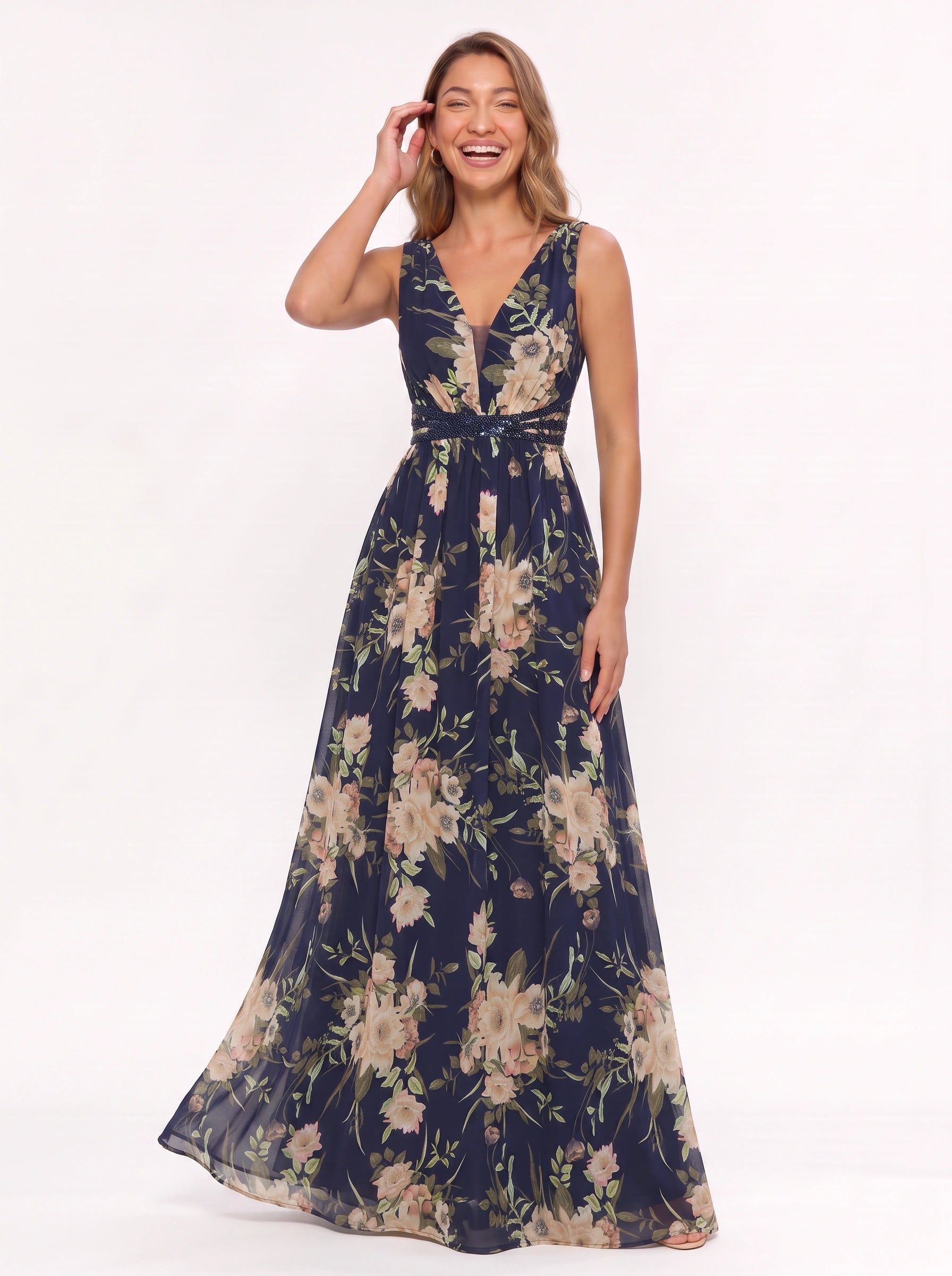 Florente Embellished V-Neck Maxi Dress – Formal Wedding Guest Women Winter Evening Elegant Floral Maxi Dress