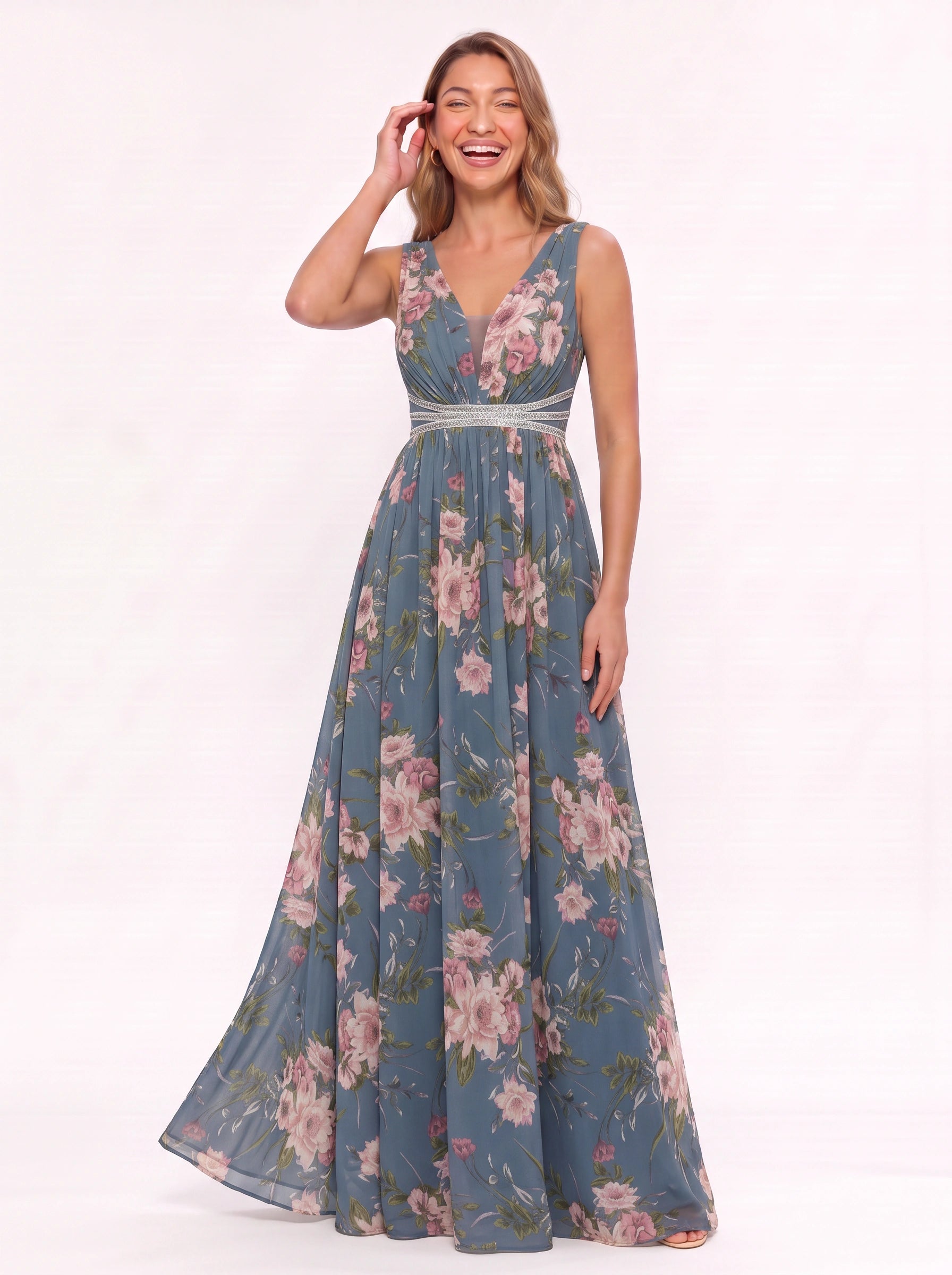 Florente Embellished V-Neck Maxi Dress – Formal Wedding Guest Women Winter Evening Elegant Floral Maxi Dress
