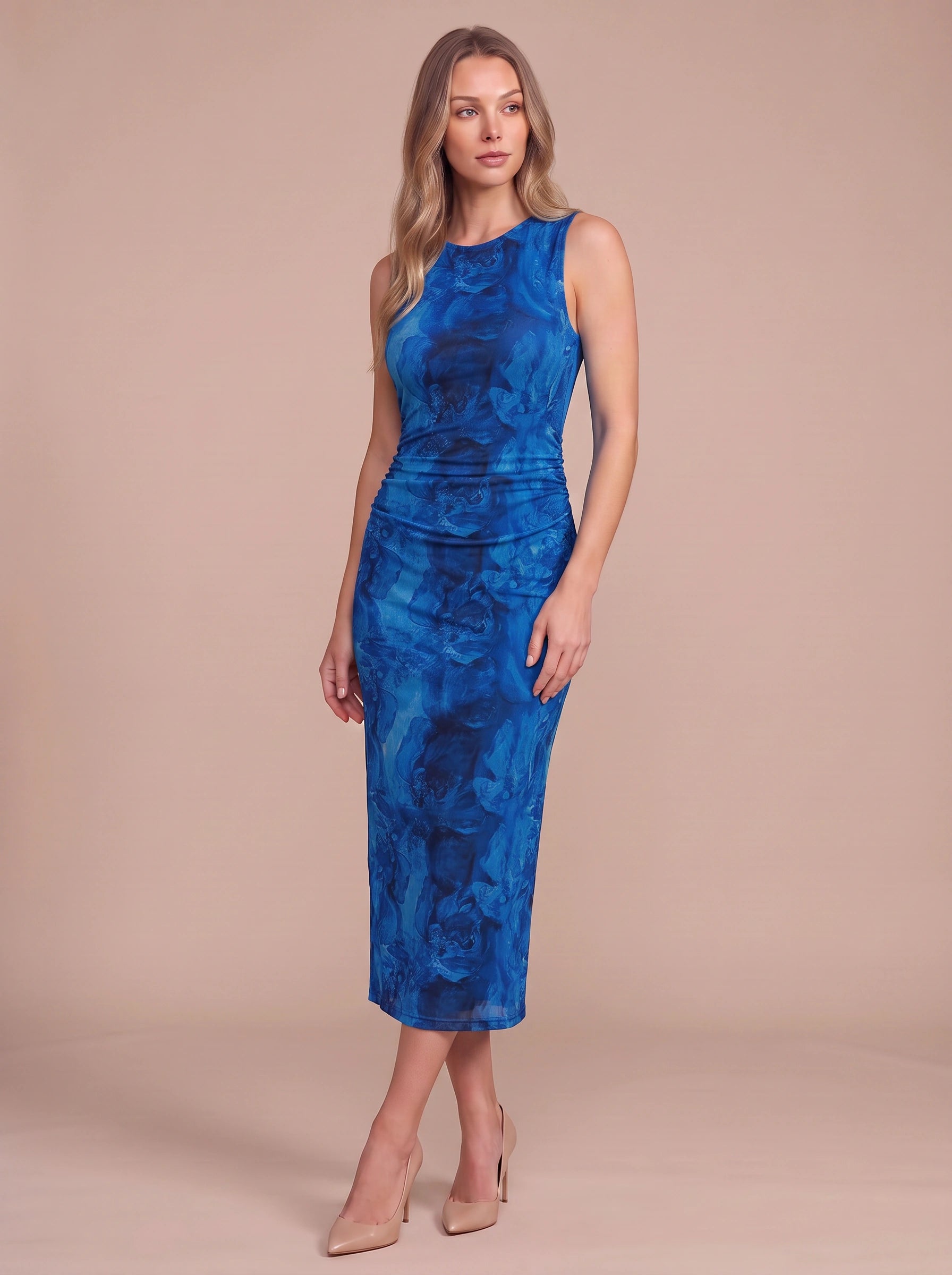 Brumosa Ruched Sleeveless Midi Dress – Tie Dye Bodycon Women Cocktail Wedding Guest Midi Dress