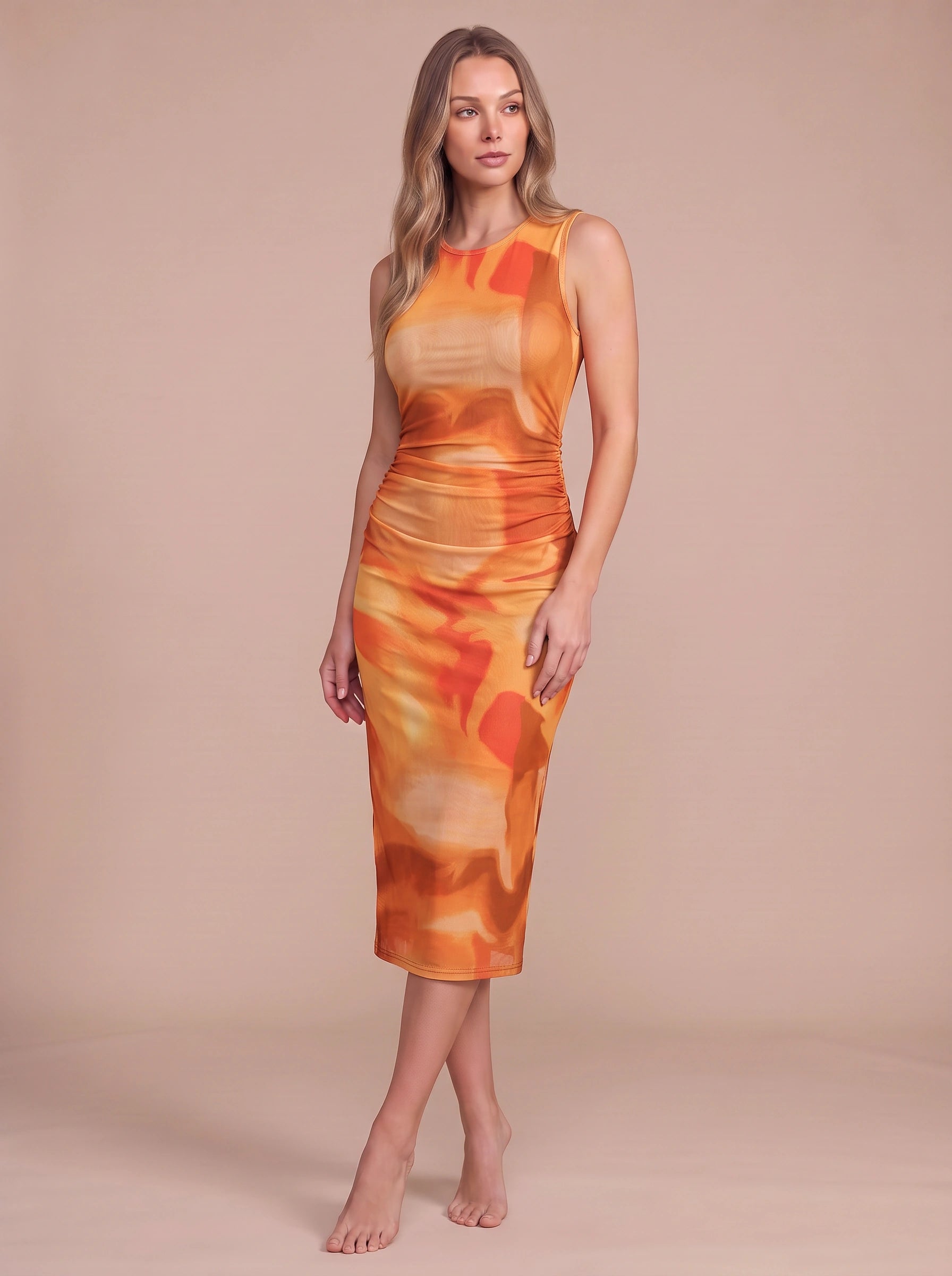 Brumosa Ruched Sleeveless Midi Dress – Tie Dye Bodycon Women Cocktail Wedding Guest Midi Dress