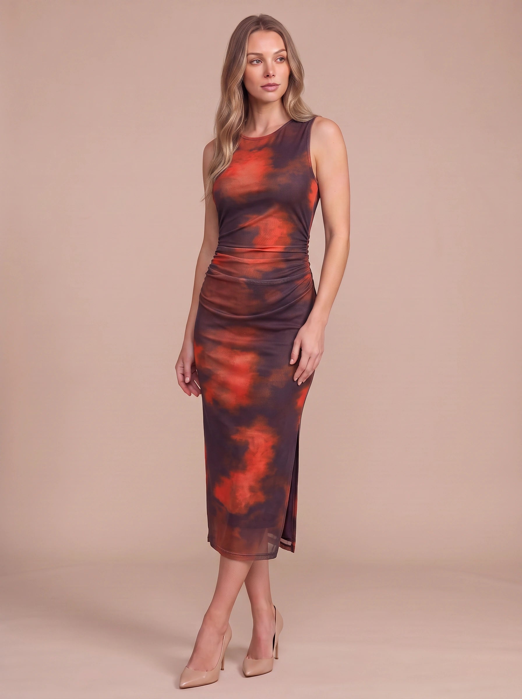 Brumosa Ruched Sleeveless Midi Dress – Tie Dye Bodycon Women Cocktail Wedding Guest Midi Dress