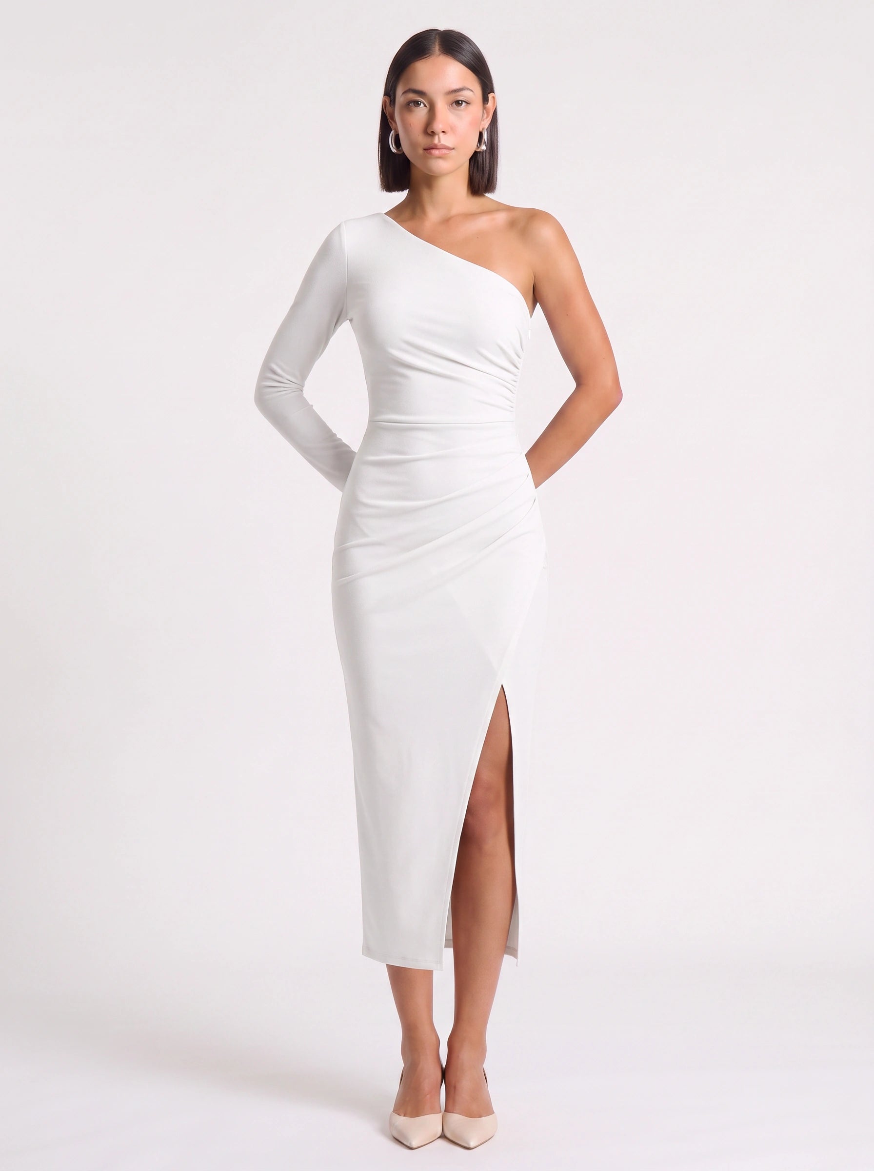 Asymmé One-Shoulder Ruched Midi Dress – Slit Midi Dress Women Formal Elegant Evening Party Bodycon White Dress