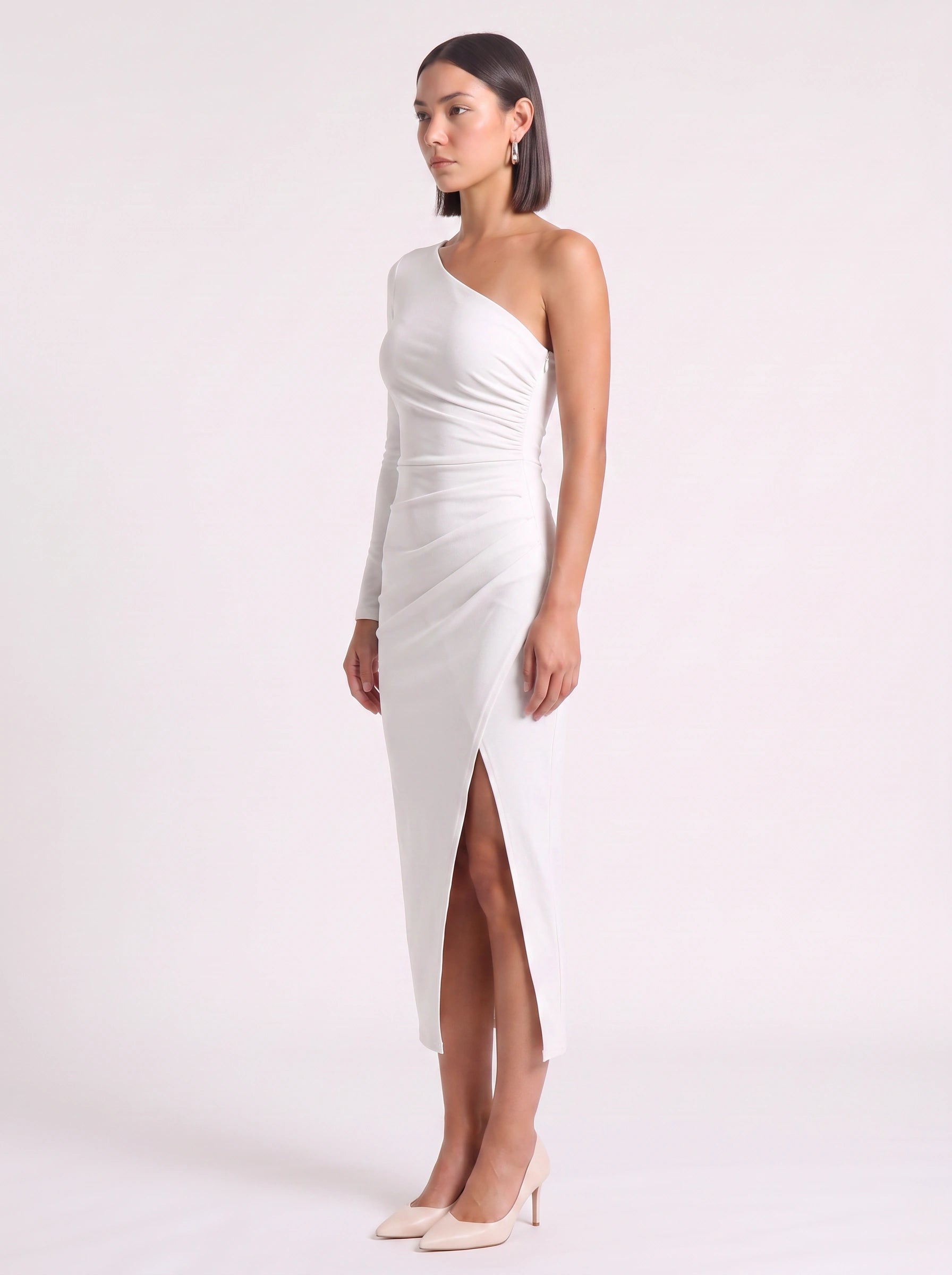 Asymmé One-Shoulder Ruched Midi Dress – Slit Midi Dress Women Formal Elegant Evening Party Bodycon White Dress