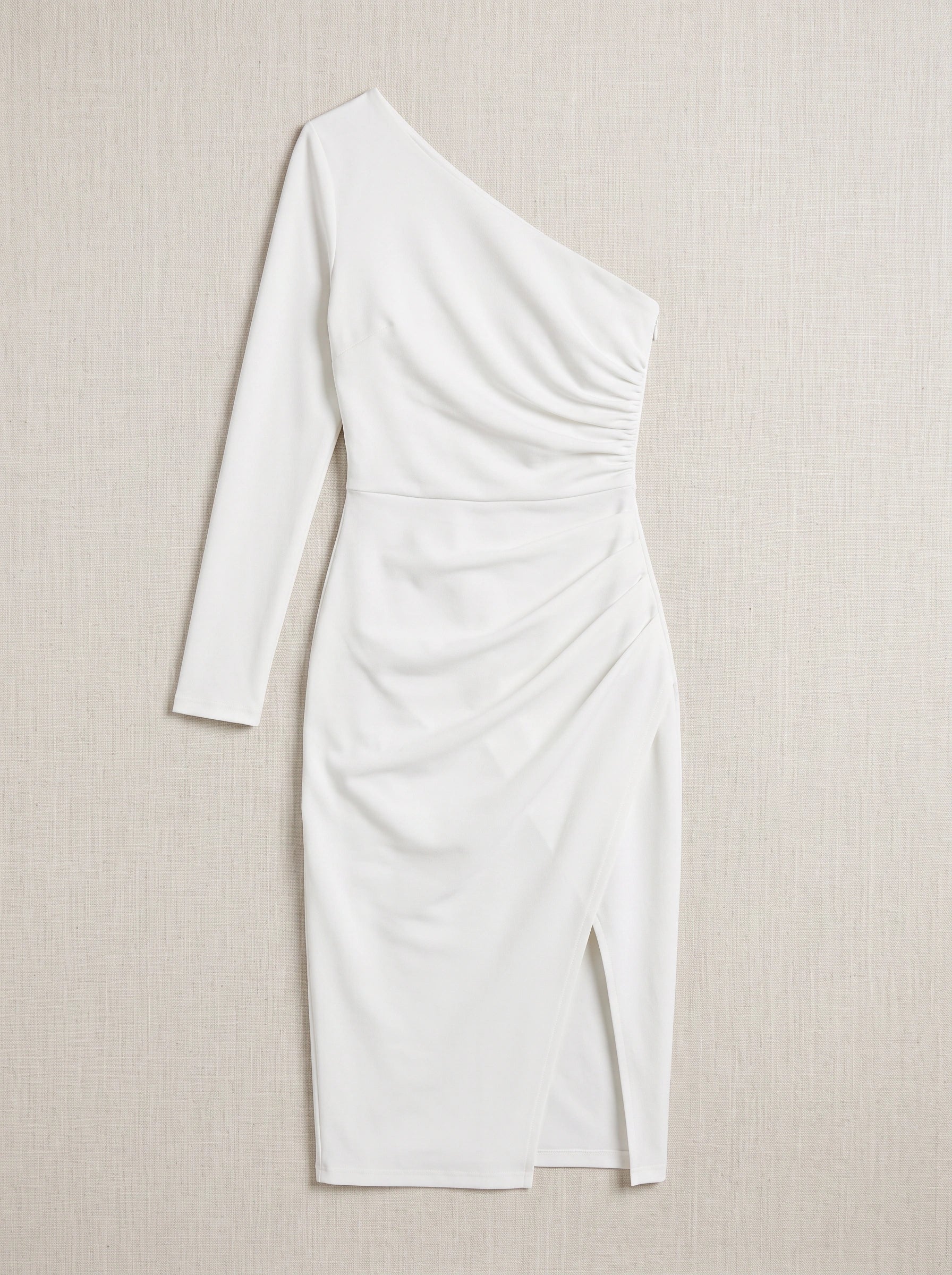 Asymmé One-Shoulder Ruched Midi Dress – Slit Midi Dress Women Formal Elegant Evening Party Bodycon White Dress