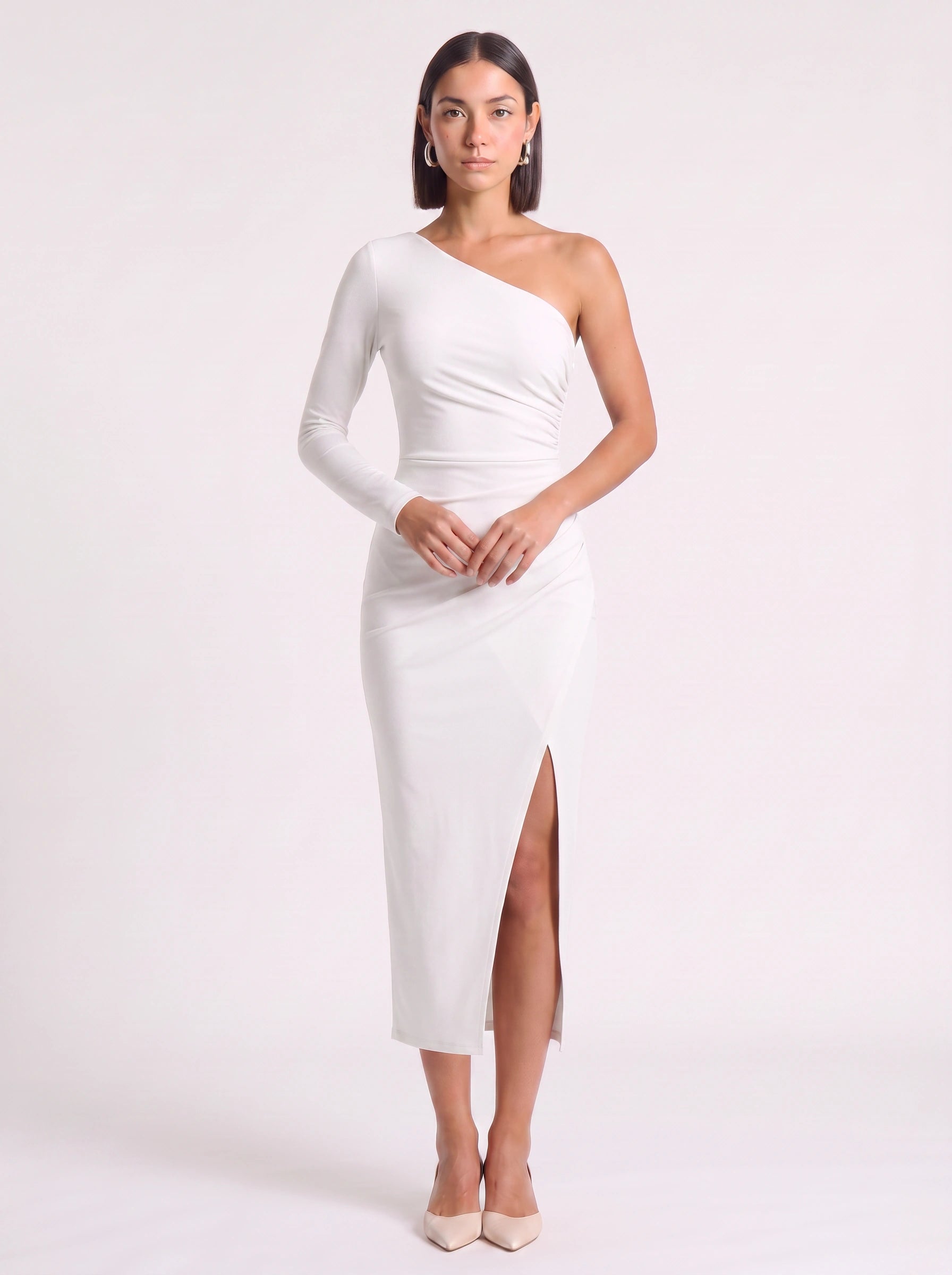 Asymmé One-Shoulder Ruched Midi Dress – Slit Midi Dress Women Formal Elegant Evening Party Bodycon White Dress