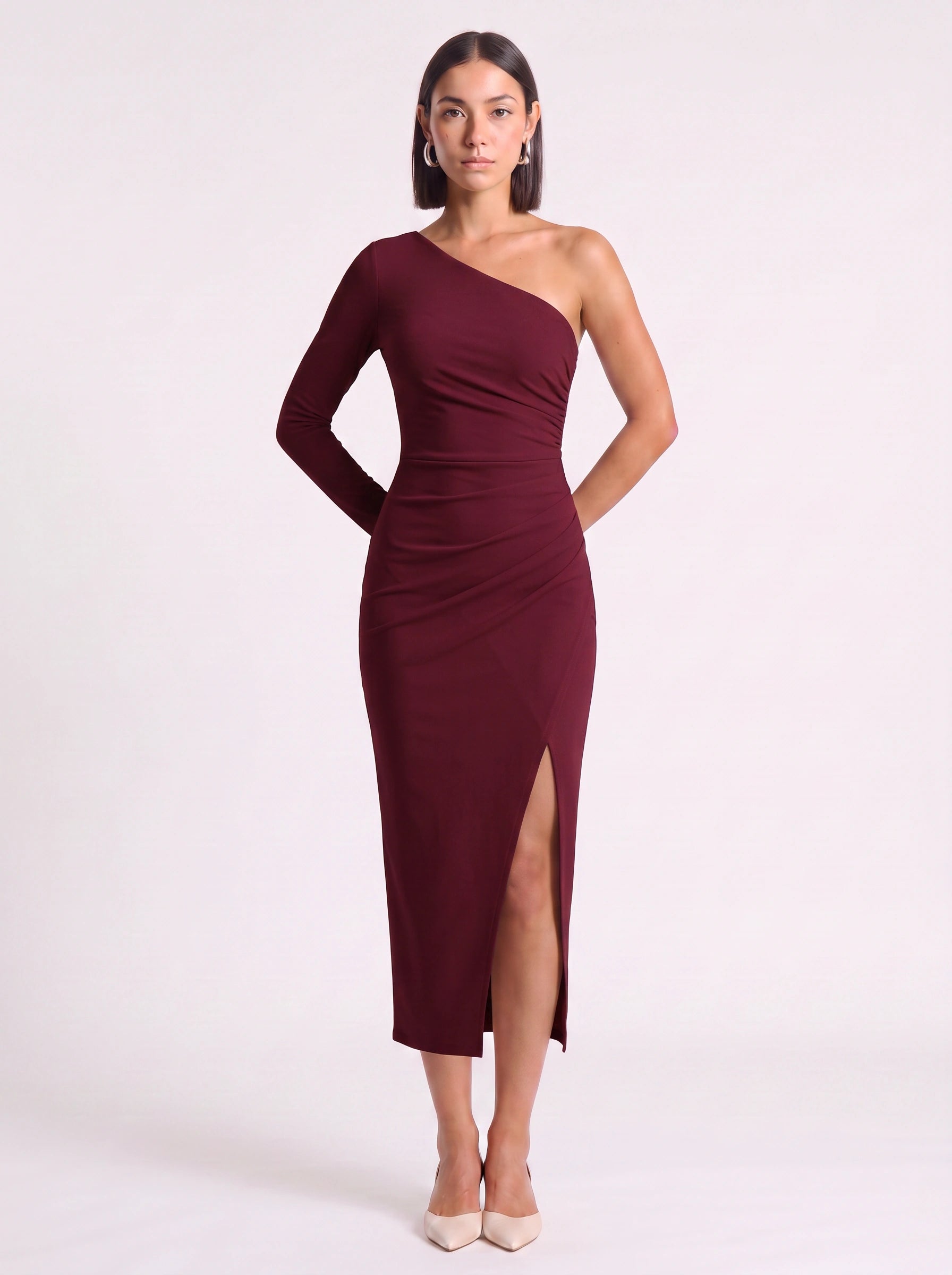 Asymmé One-Shoulder Ruched Midi Dress – Slit Midi Dress Women Formal Elegant Evening Party Bodycon White Dress