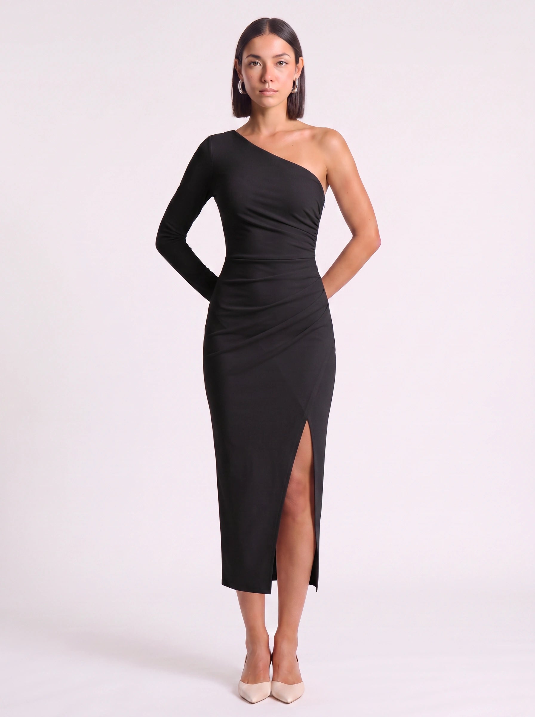 Asymmé One-Shoulder Ruched Midi Dress – Slit Midi Dress Women Formal Elegant Evening Party Bodycon White Dress