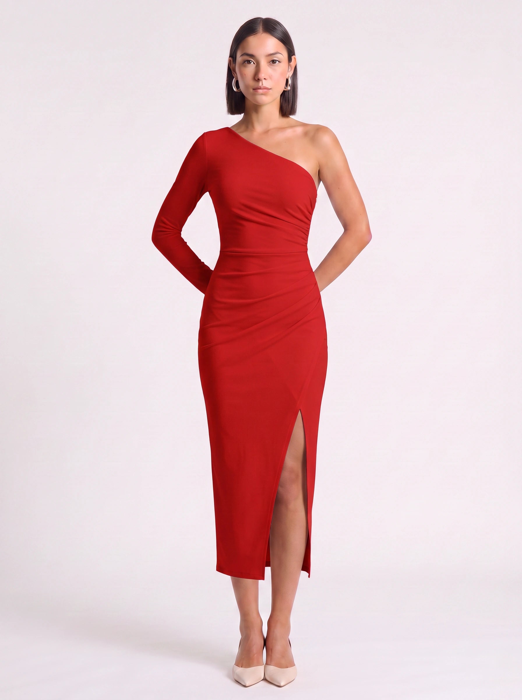 Asymmé One-Shoulder Ruched Midi Dress – Slit Midi Dress Women Formal Elegant Evening Party Bodycon White Dress