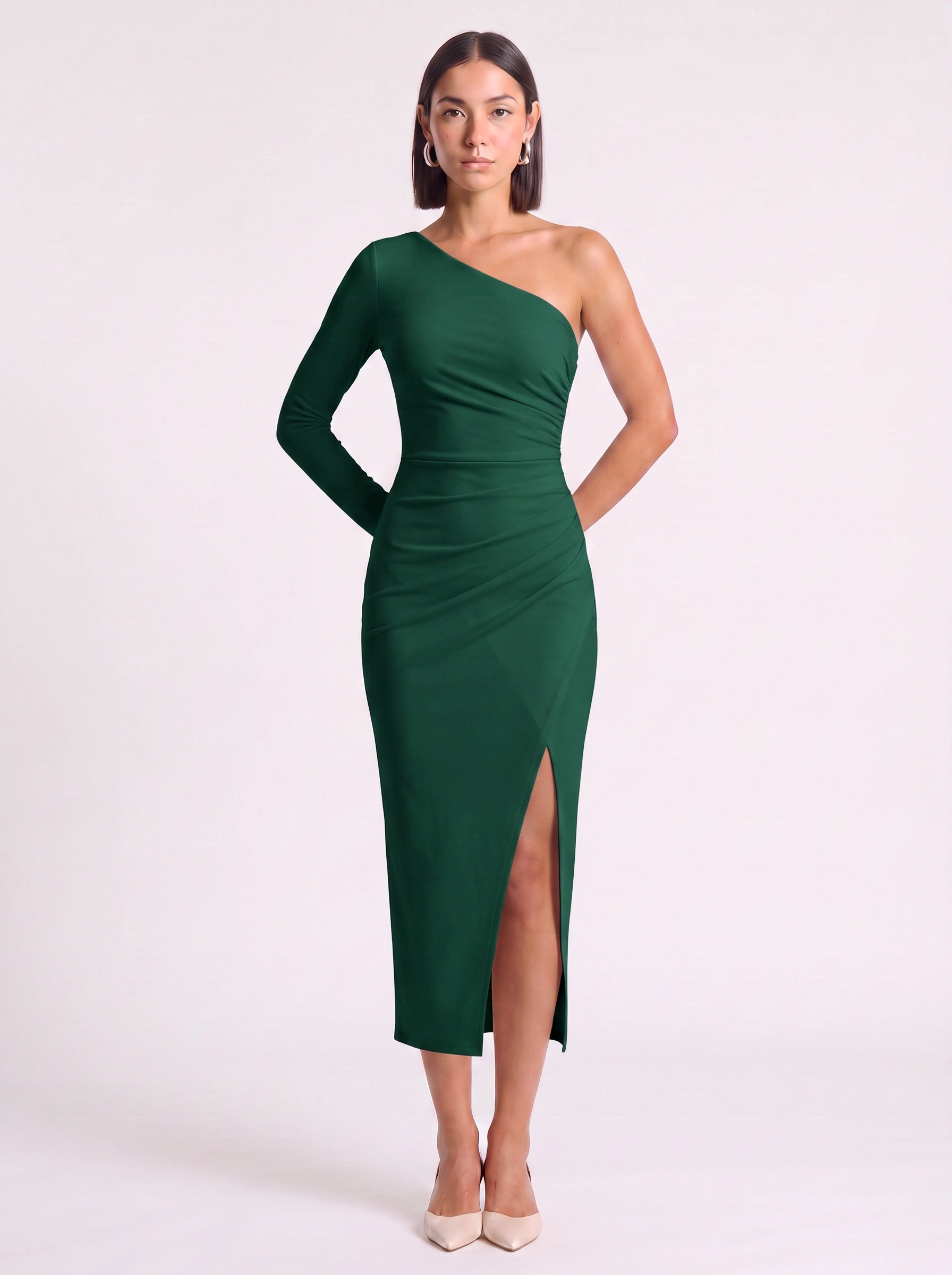 Asymmé One-Shoulder Ruched Midi Dress – Slit Midi Dress Women Formal Elegant Evening Party Bodycon White Dress