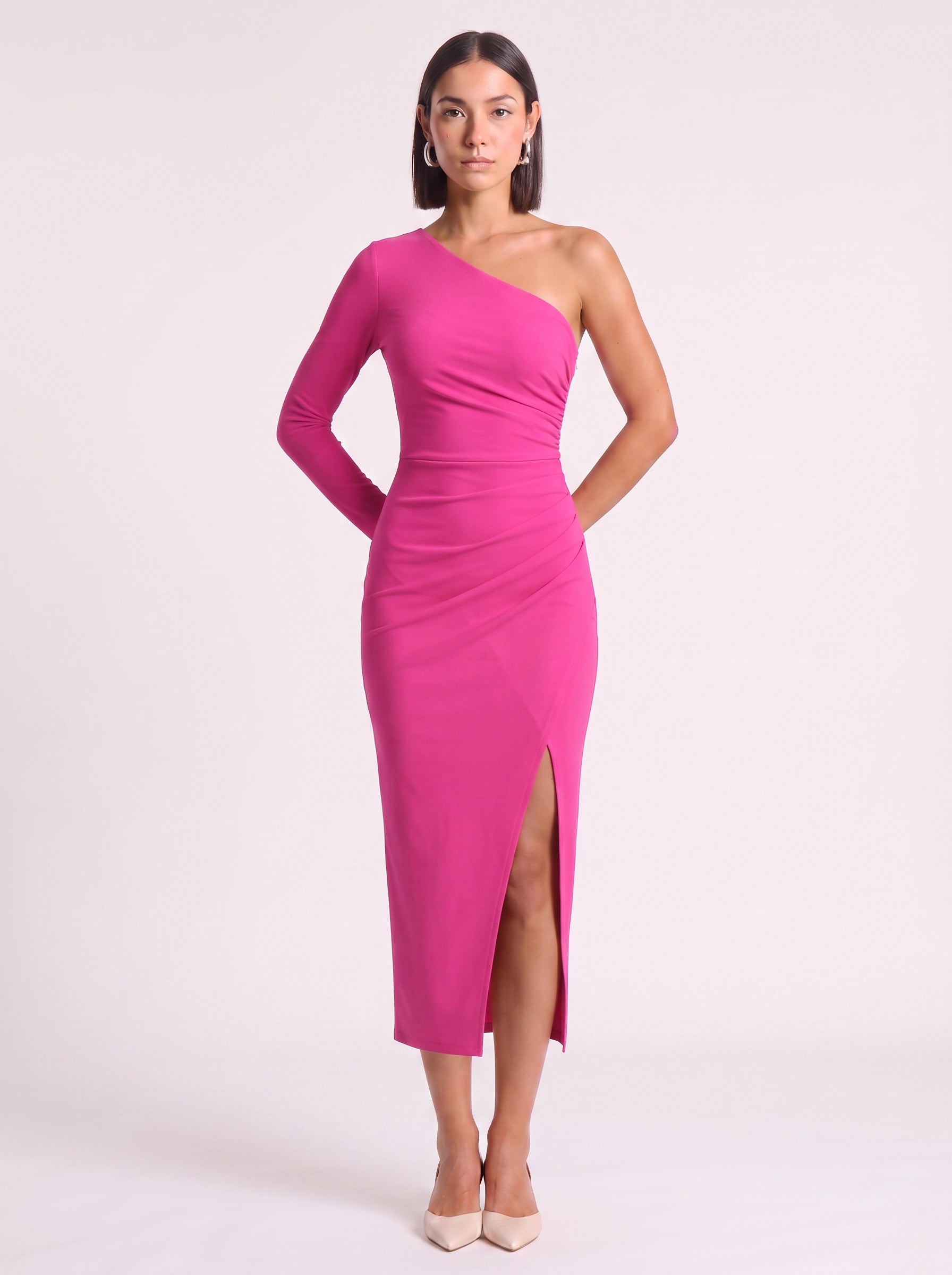 Asymmé One-Shoulder Ruched Midi Dress – Slit Midi Dress Women Formal Elegant Evening Party Bodycon White Dress