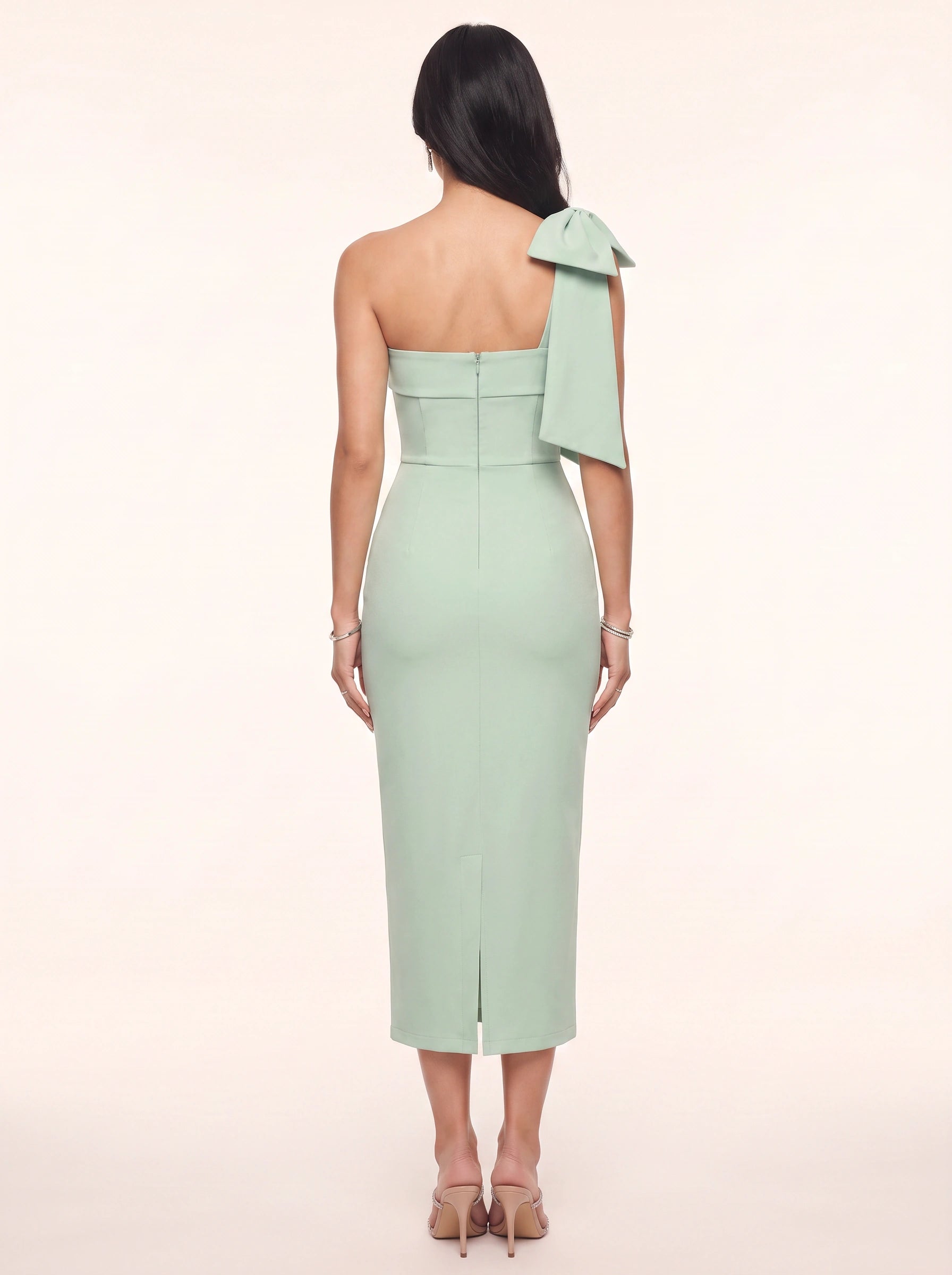 Fiocca Bow-Strap Midi Dress – Women Formal Wedding Guest Cocktail Party Elegant Bodycon Midi Dress