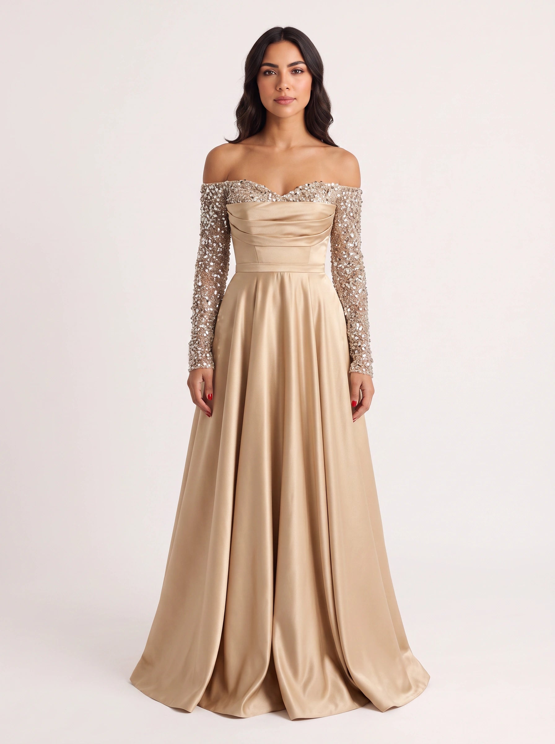 Brilline Off-Shoulder Embellished Maxi Dress – Sequin Long Sleeve Women Formal Wedding Guest Evening Party Maxi Dress