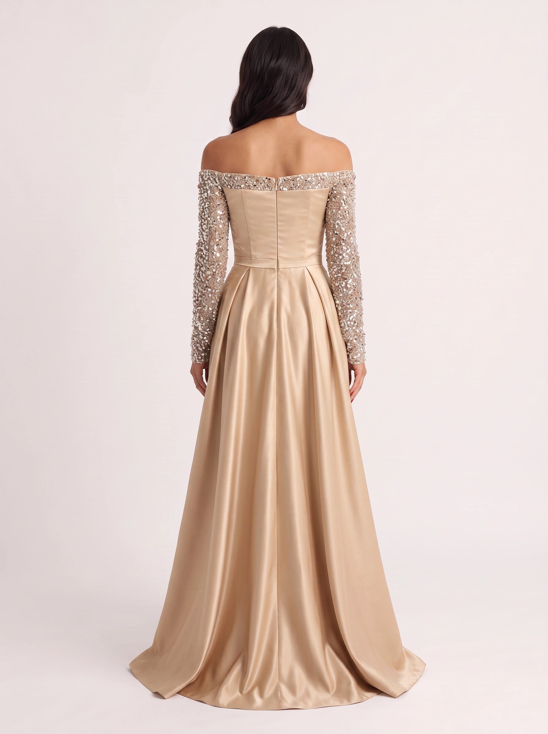 Brilline Off-Shoulder Embellished Maxi Dress – Sequin Long Sleeve Women Formal Wedding Guest Evening Party Maxi Dress
