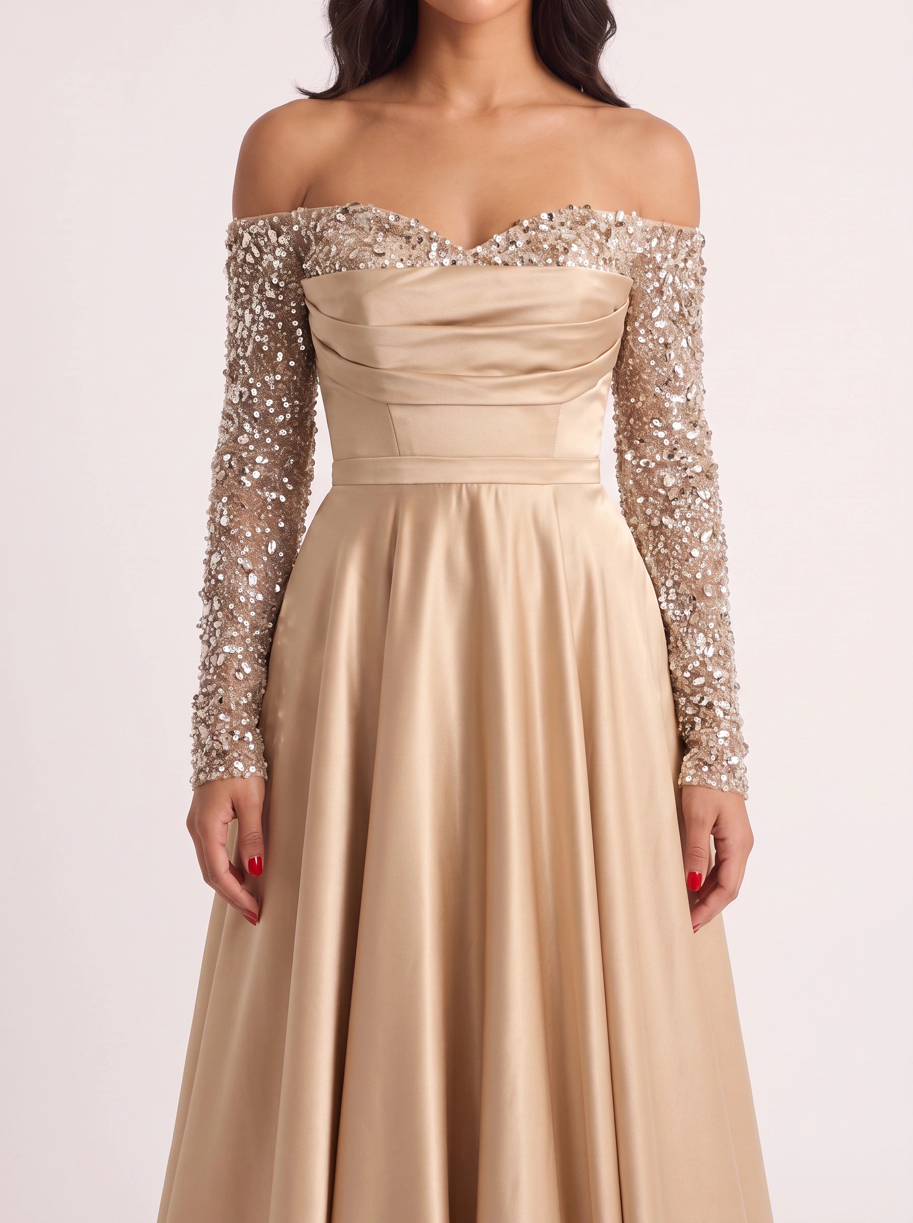Brilline Off-Shoulder Embellished Maxi Dress – Sequin Long Sleeve Women Formal Wedding Guest Evening Party Maxi Dress