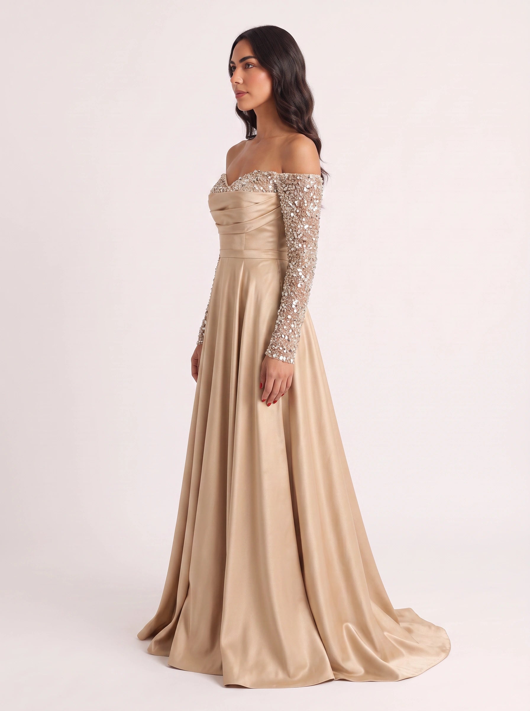 Brilline Off-Shoulder Embellished Maxi Dress – Sequin Long Sleeve Women Formal Wedding Guest Evening Party Maxi Dress
