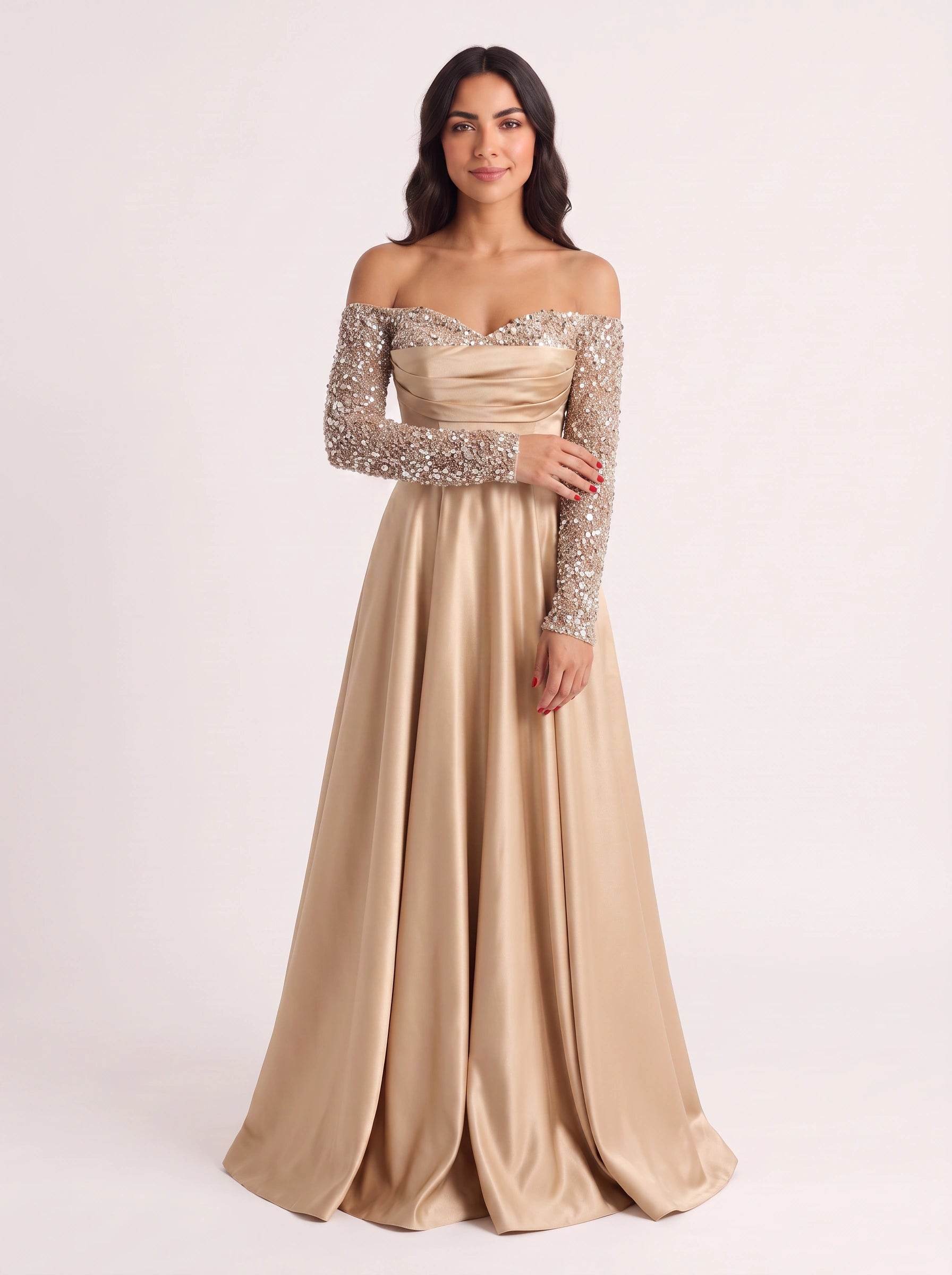 Brilline Off-Shoulder Embellished Maxi Dress – Sequin Long Sleeve Women Formal Wedding Guest Evening Party Maxi Dress