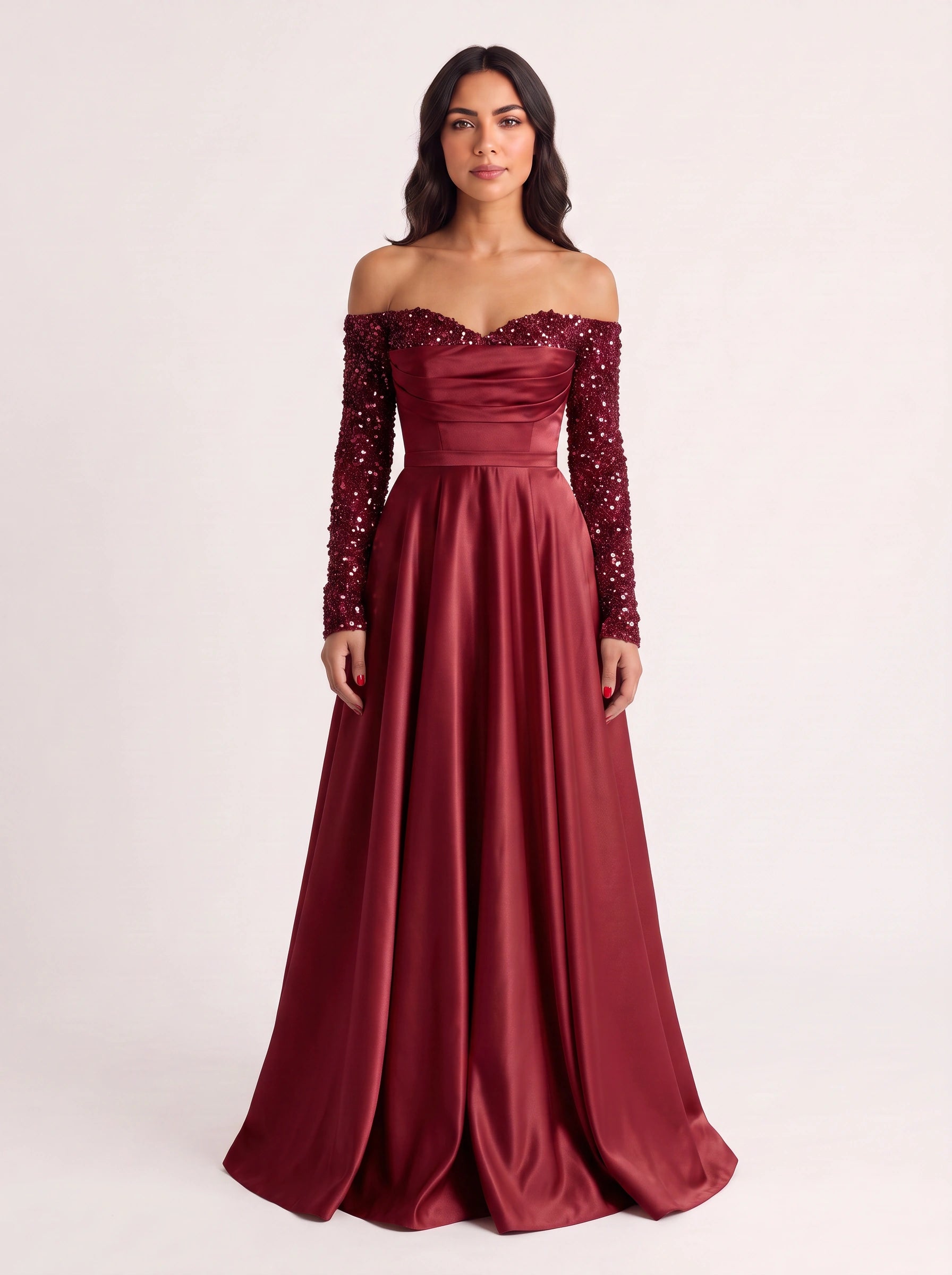 Brilline Off-Shoulder Embellished Maxi Dress – Sequin Long Sleeve Women Formal Wedding Guest Evening Party Maxi Dress