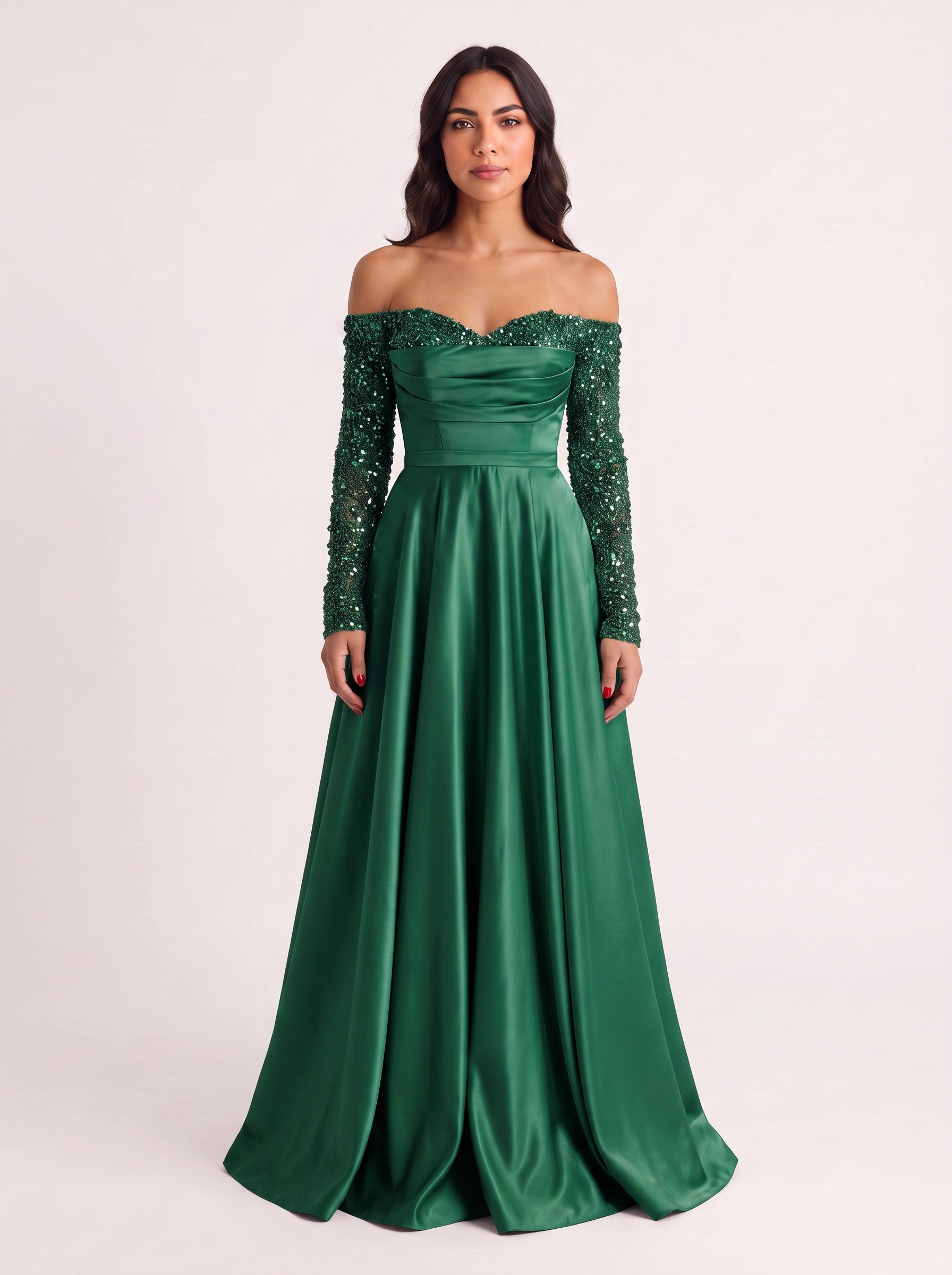 Brilline Off-Shoulder Embellished Maxi Dress – Sequin Long Sleeve Women Formal Wedding Guest Evening Party Maxi Dress