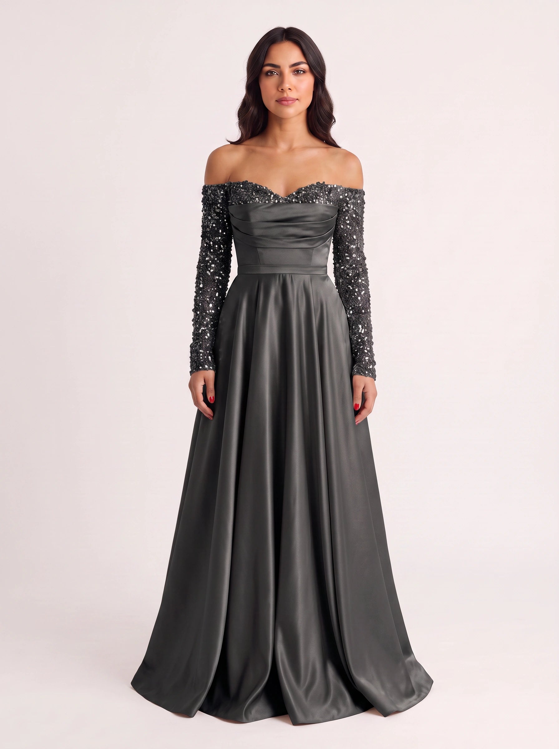 Brilline Off-Shoulder Embellished Maxi Dress – Sequin Long Sleeve Women Formal Wedding Guest Evening Party Maxi Dress