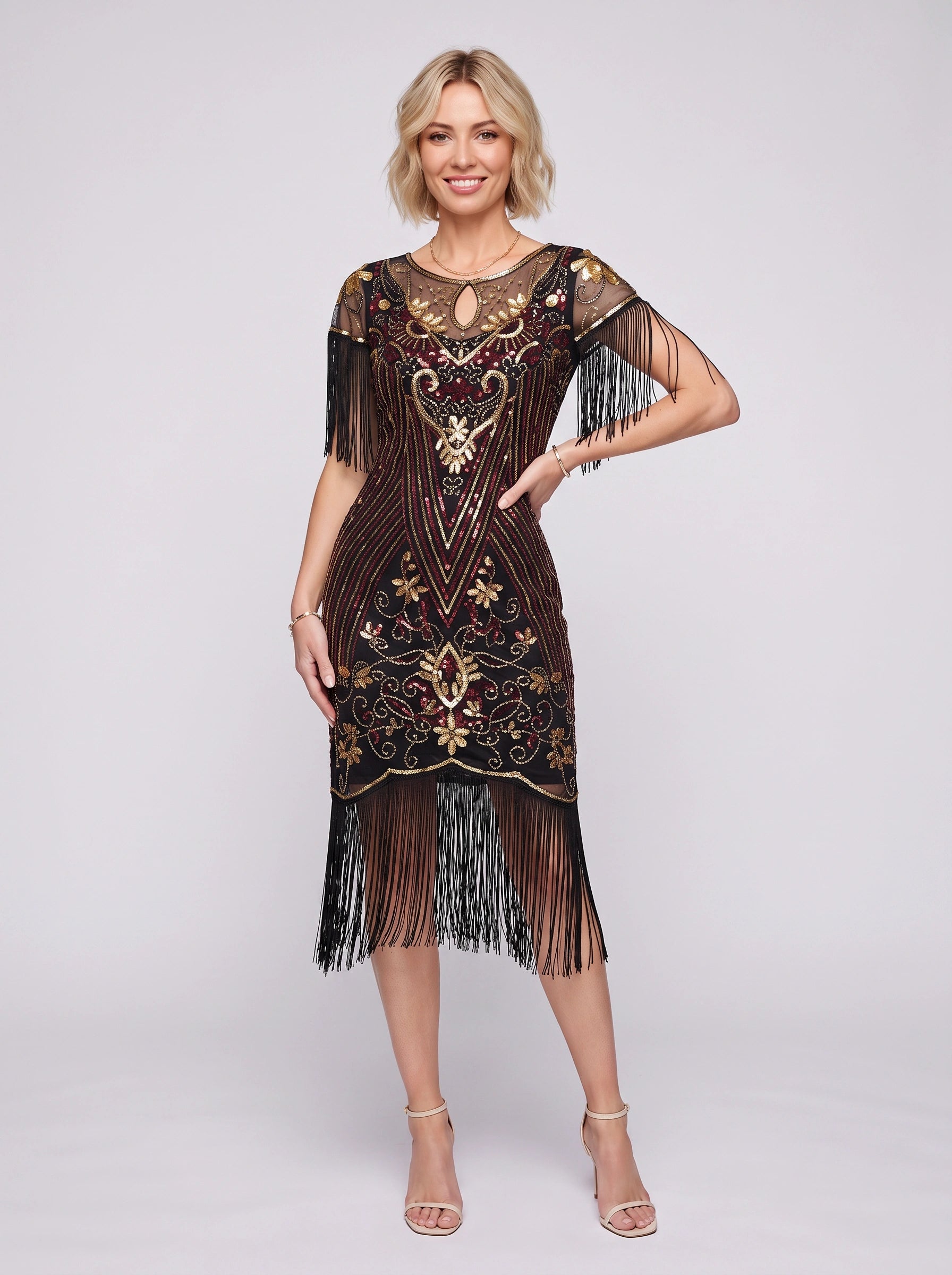 Franelle Beaded Fringe Midi Dress – 1920s Flapper Gatsby Sequin Party Women Vintage Cocktail Dress
