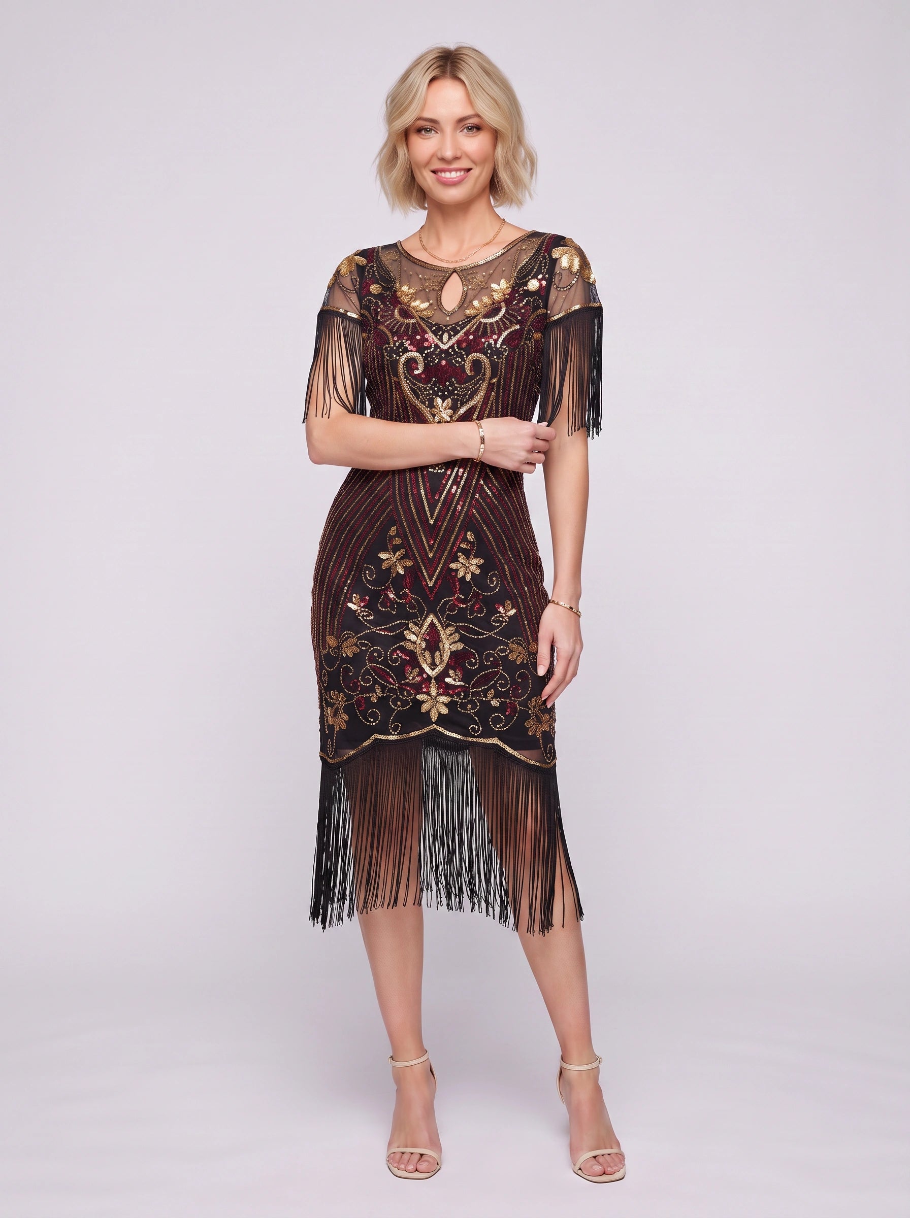 Franelle Beaded Fringe Midi Dress – 1920s Flapper Gatsby Sequin Party Women Vintage Cocktail Dress