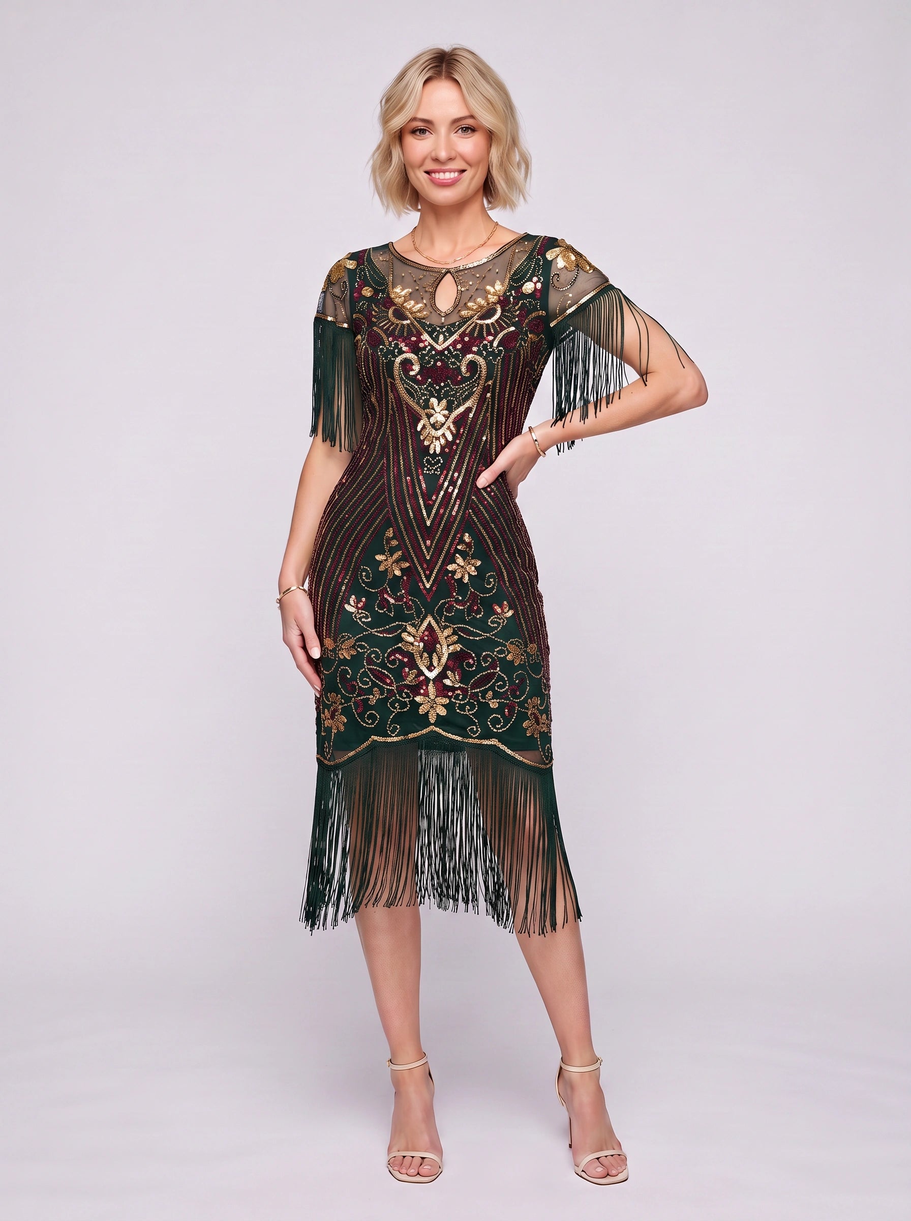 Franelle Beaded Fringe Midi Dress – 1920s Flapper Gatsby Sequin Party Women Vintage Cocktail Dress