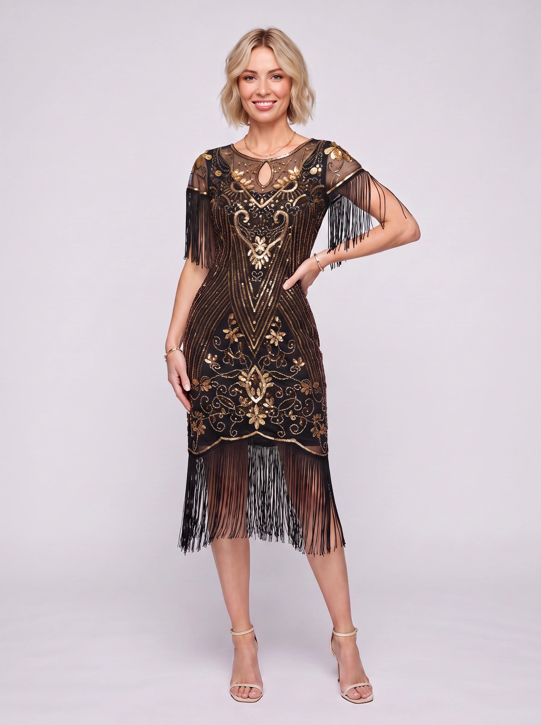 Franelle Beaded Fringe Midi Dress – 1920s Flapper Gatsby Sequin Party Women Vintage Cocktail Dress