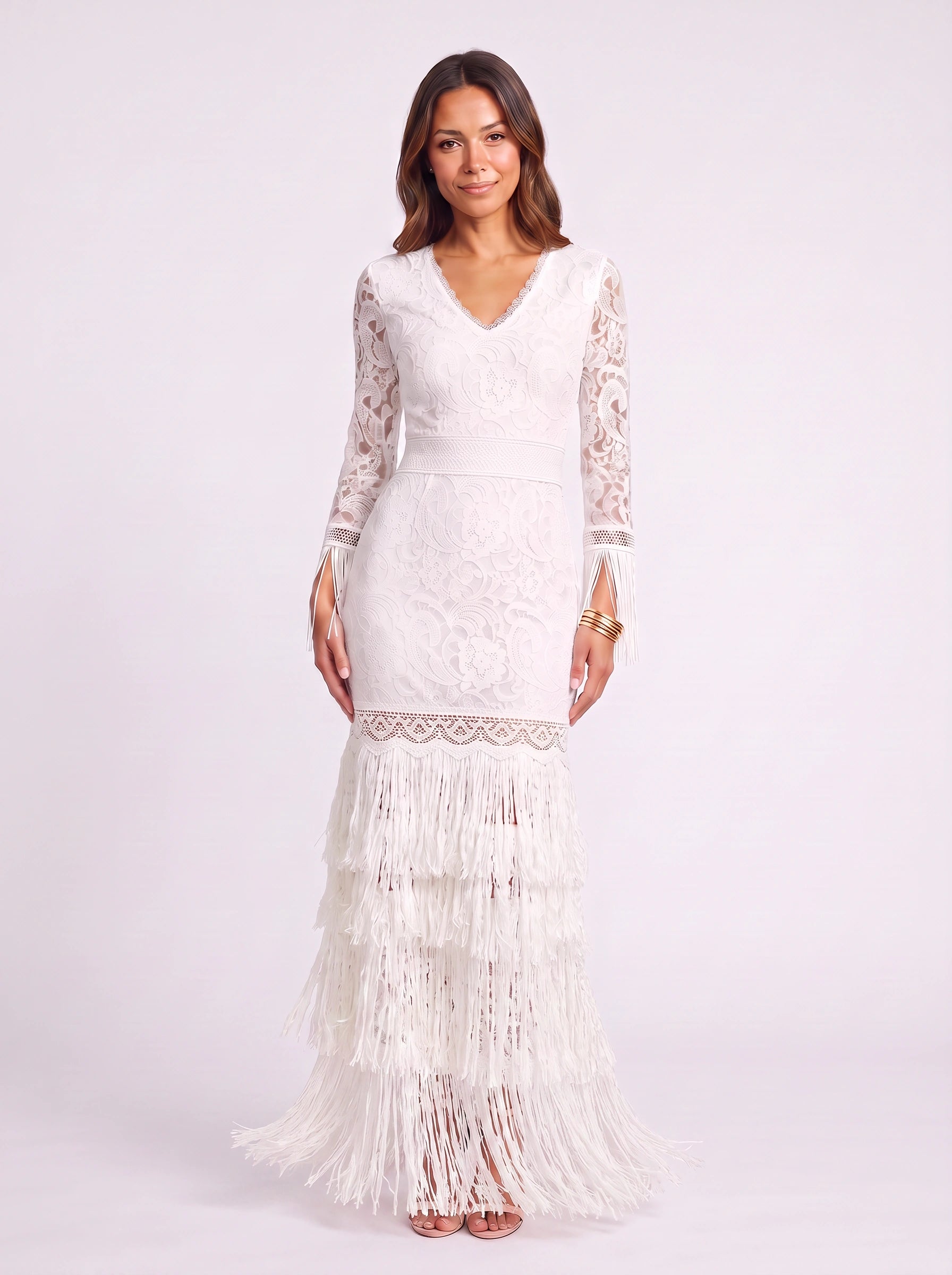 Frinessa Lace V-Neck Maxi Dress – Boho Wedding Guest Women Formal Fringe Tassel Bohemian Chic Maxi Dress