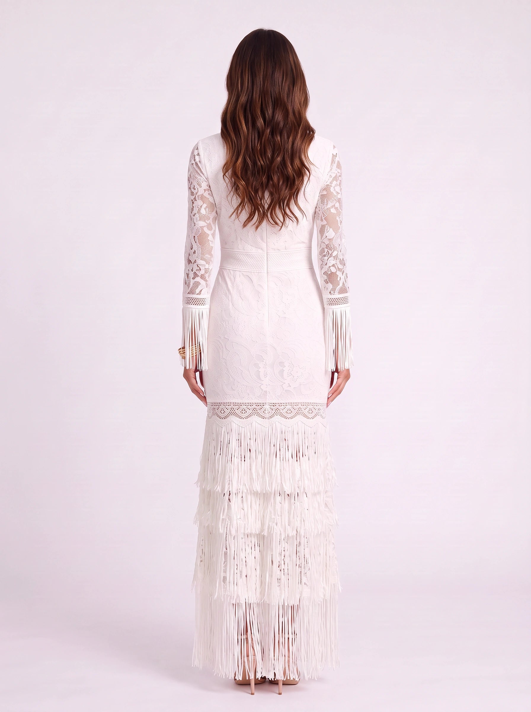 Frinessa Lace V-Neck Maxi Dress – Boho Wedding Guest Women Formal Fringe Tassel Bohemian Chic Maxi Dress