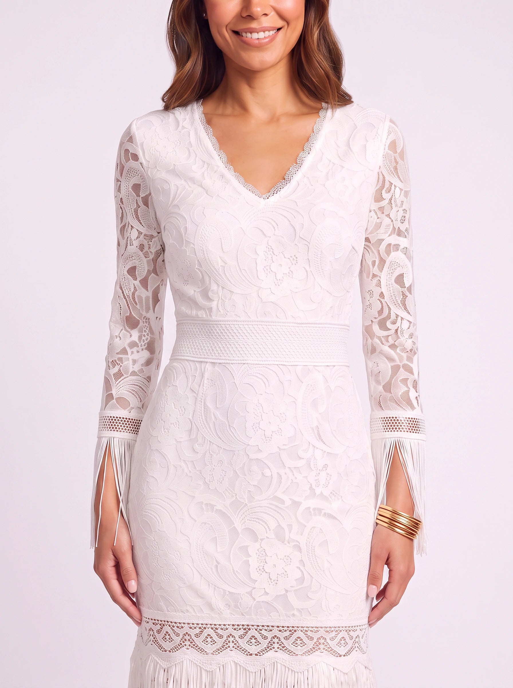 Frinessa Lace V-Neck Maxi Dress – Boho Wedding Guest Women Formal Fringe Tassel Bohemian Chic Maxi Dress