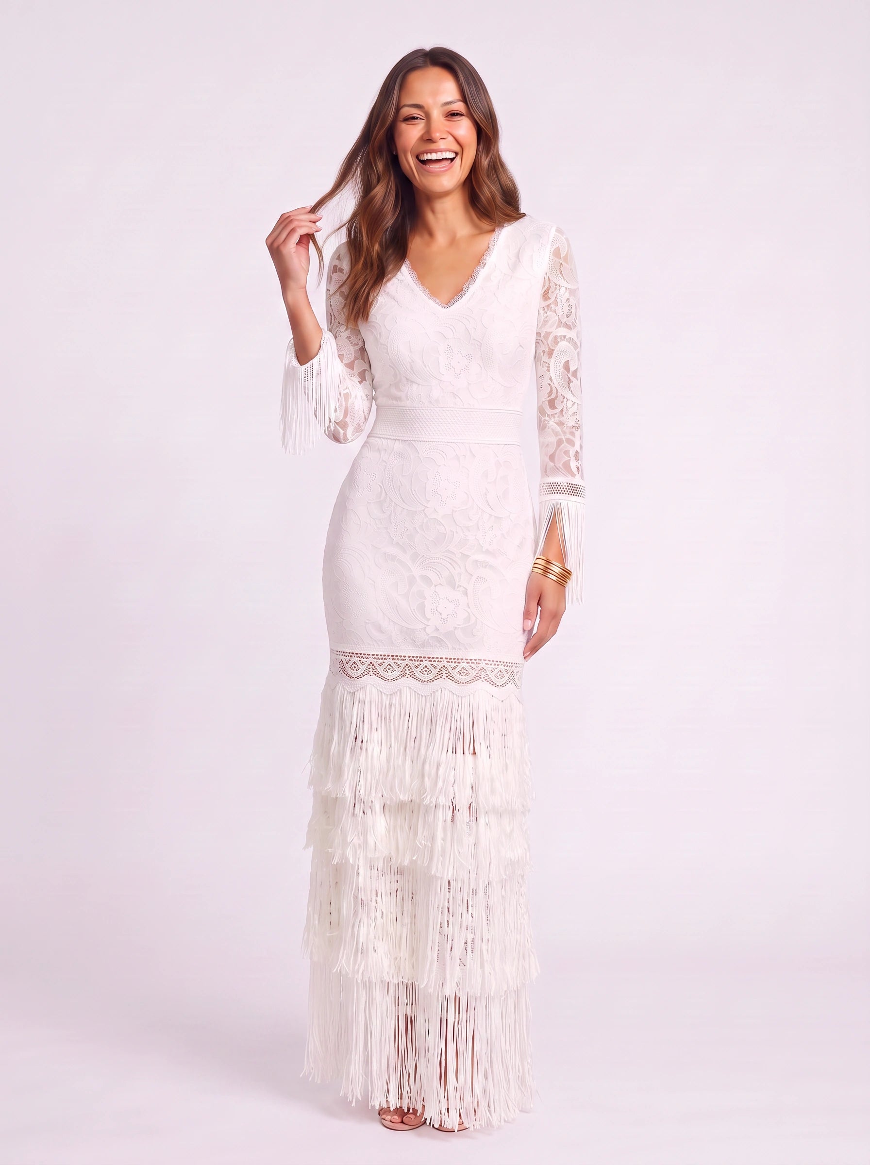Frinessa Lace V-Neck Maxi Dress – Boho Wedding Guest Women Formal Fringe Tassel Bohemian Chic Maxi Dress