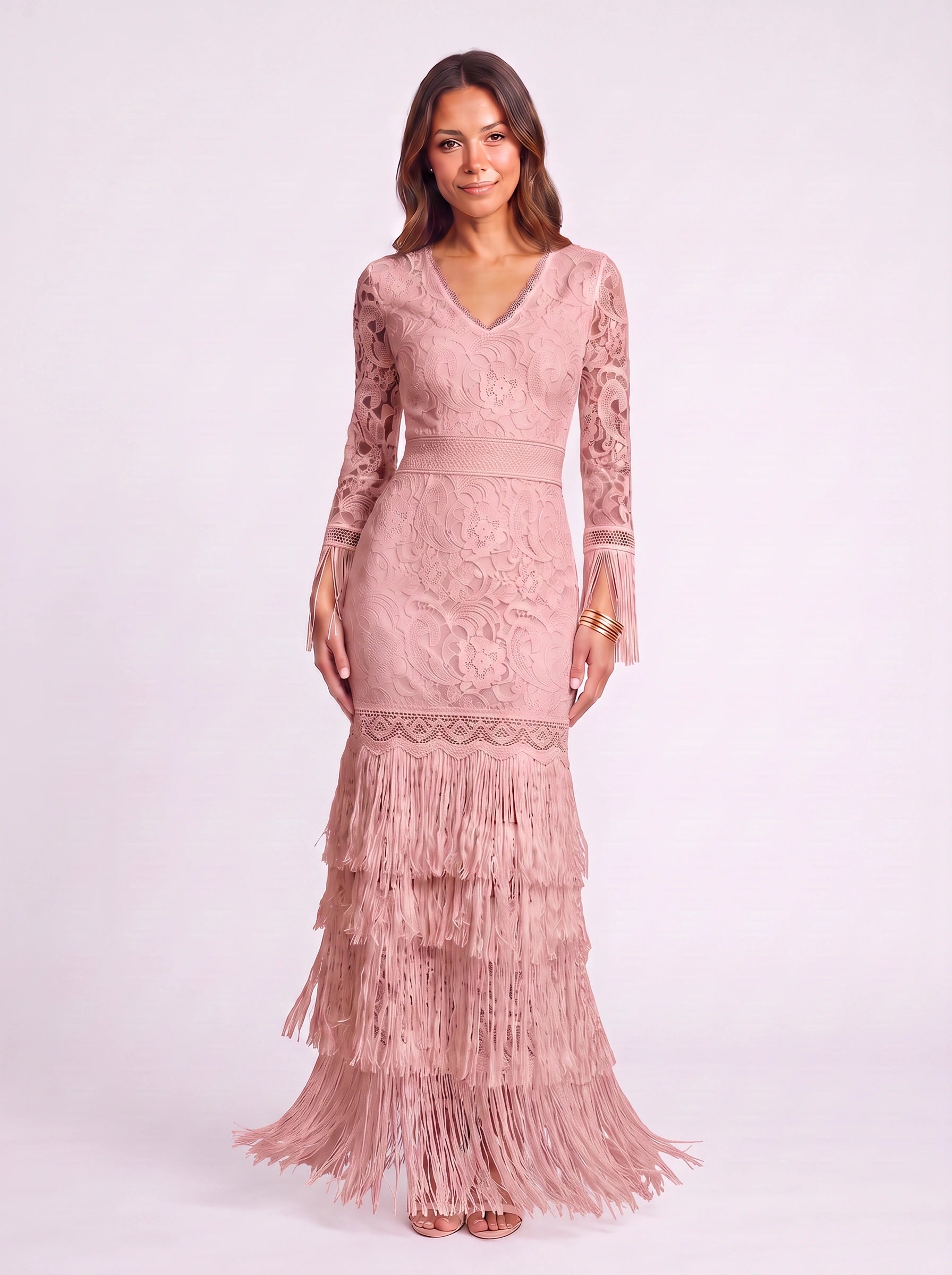 Frinessa Lace V-Neck Maxi Dress – Boho Wedding Guest Women Formal Fringe Tassel Bohemian Chic Maxi Dress