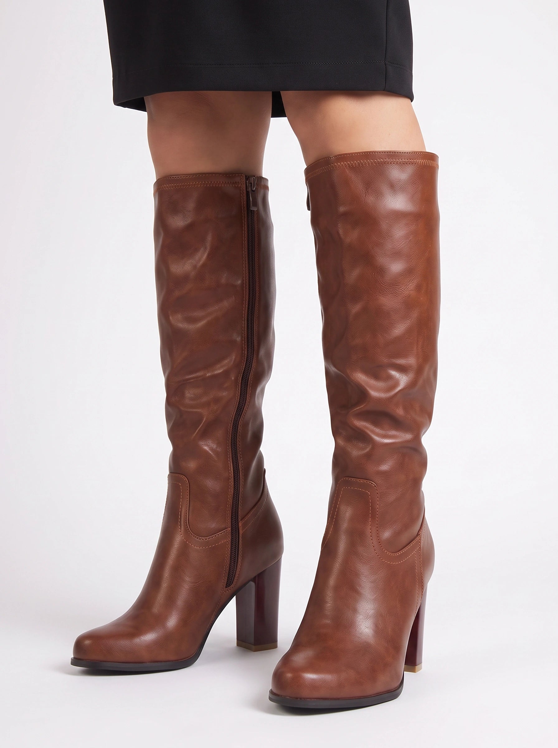 Corteza Knee High Block Heel Boots – Women Leather Winter Heeled Boots Side Zip Ladies Fashion Boots